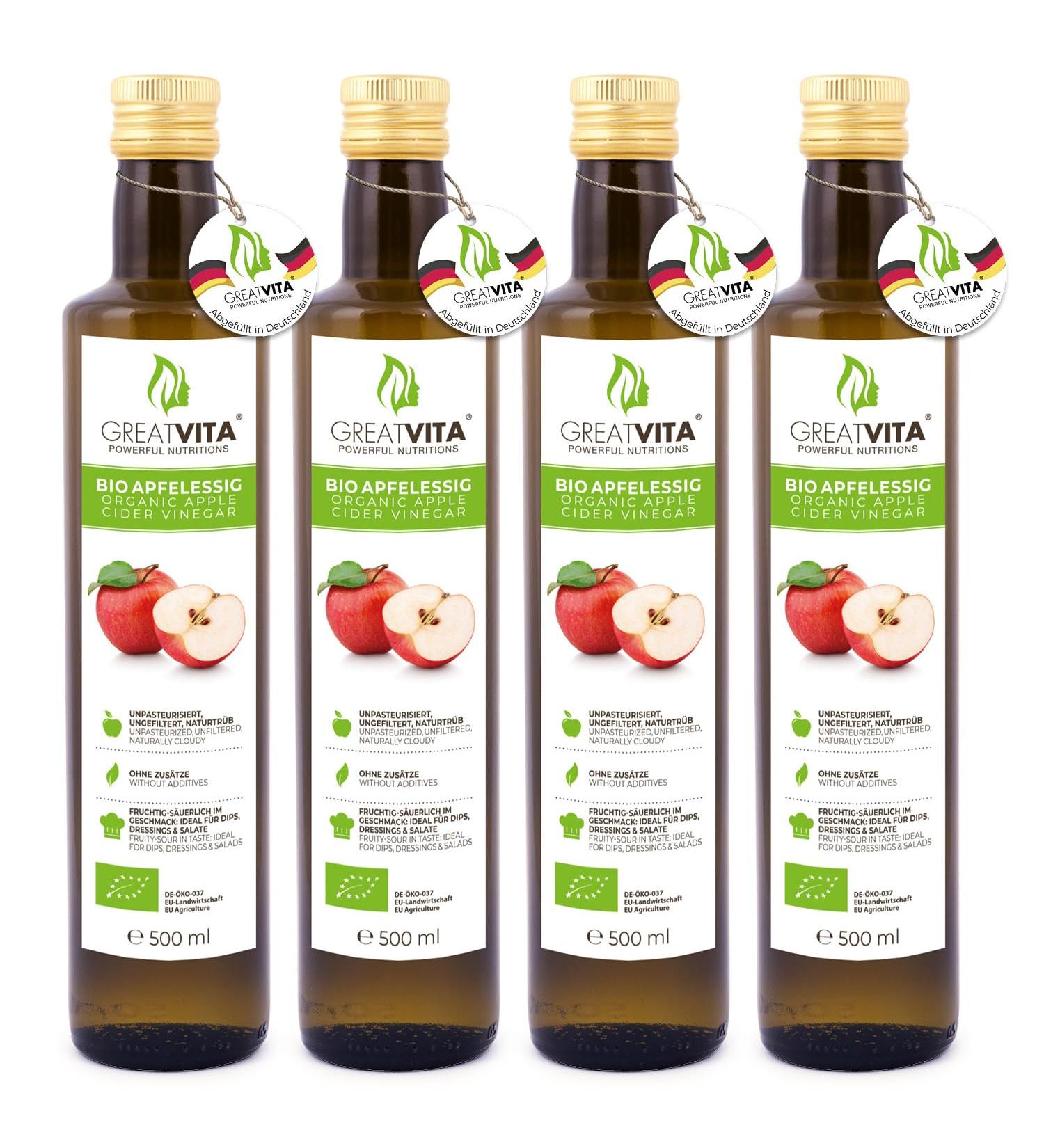 GreatVita Organic Apple Cider Vinegar - 4 x 500ml Naturally Cloudy & Unfiltered with Mother | High-Quality Health Booster - Worldwide Shipping - Buy Online on SooperMarket.com