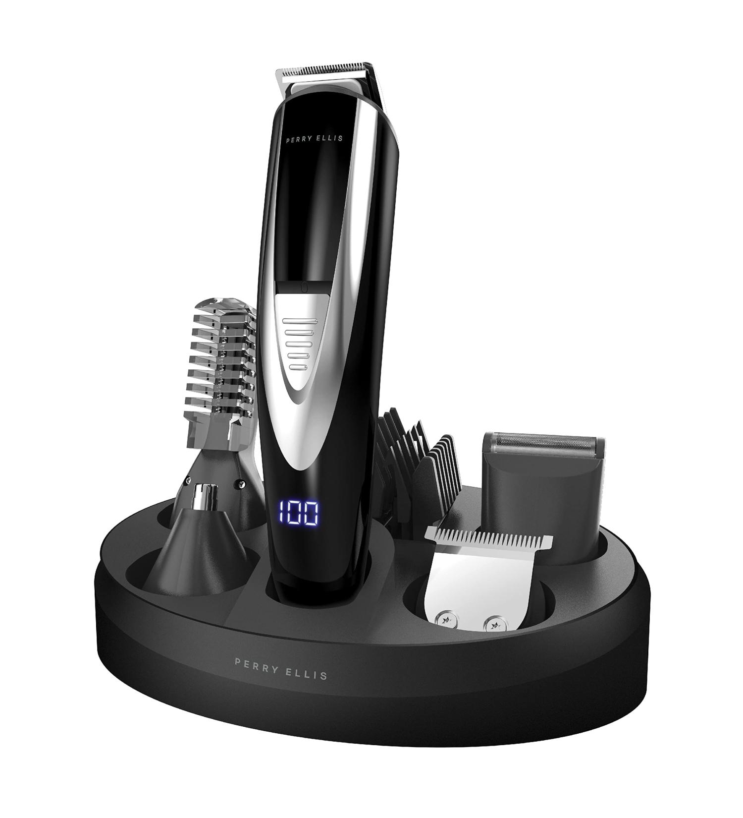Perry Ellis 16-Piece Mens Grooming Kit - Rechargeable Beard Trimmer Electric Razor for Face Body Nose & Ear - LED Display & Charging Dock - International Shipping Available - Buy Online on SooperMarket.com