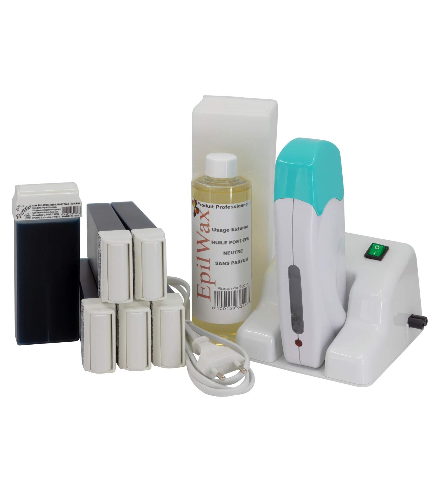 Epilwax Complete Hair Removal Waxing Kit with Modular Base - 6 Azulene Wax Cartridges, Roll-On Heater, 100 Strips & Waxing Oil - Buy Online on SooperMarket.com