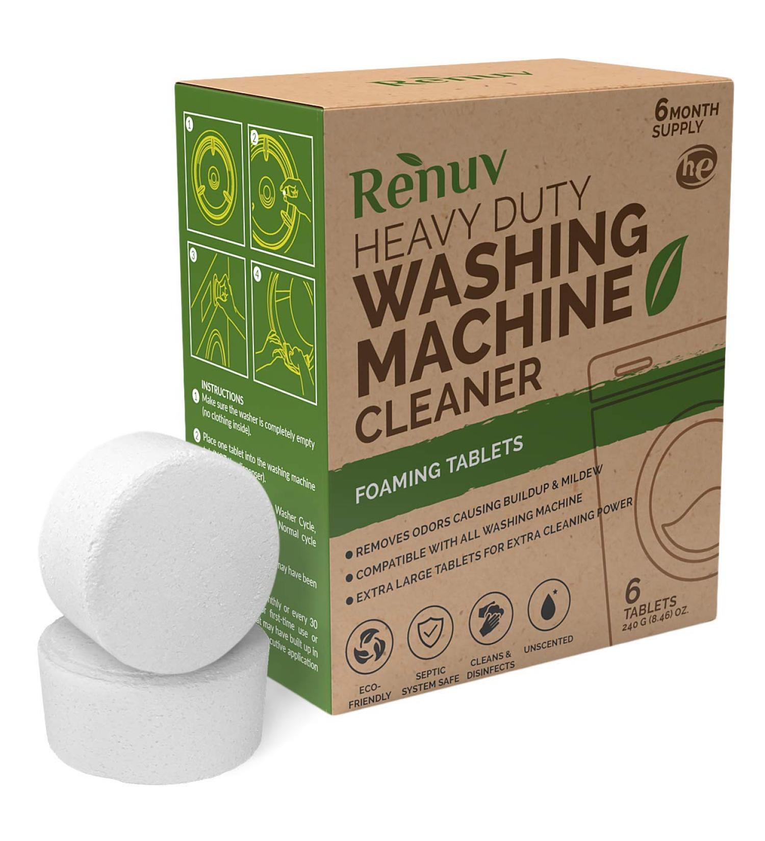 Renuv Washing Machine Cleaner Tablets - 40g Eco-Friendly Solution for Front Load, Top Load, HE Machines - Deep Cleans and Dissolves Slowly for Maximum Effect - Buy Online on SooperMarket.com