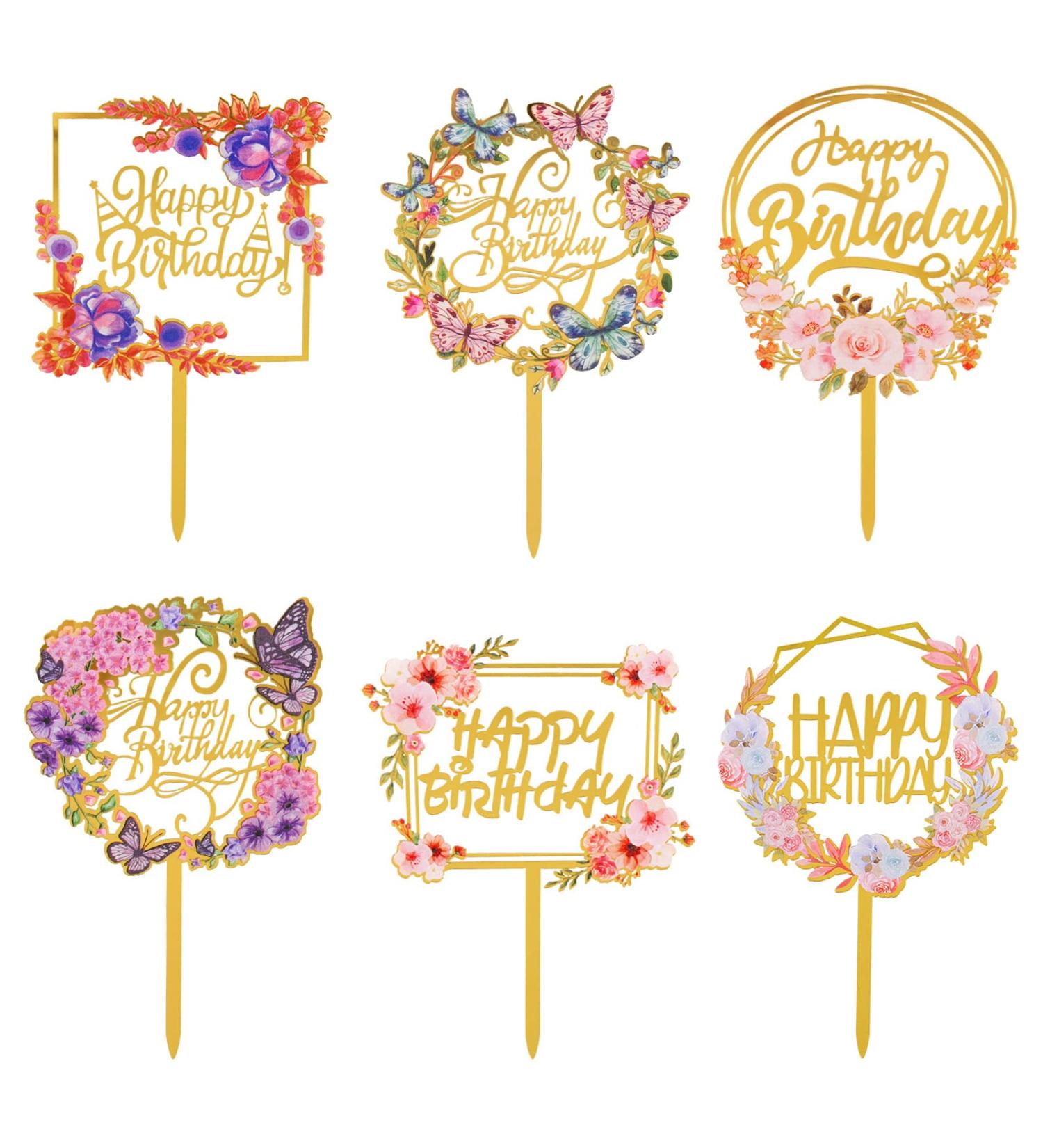 AIBAOBAO 6 Pack Happy Birthday Cake Topper Flowers Cake Toppers Multi-Patterned Acrylic Personalised Cupcake Toppers for Various Birthday Party Girls Kids Baby Wedding Mother Decorations Supplies - Buy Online on SooperMarket.com
