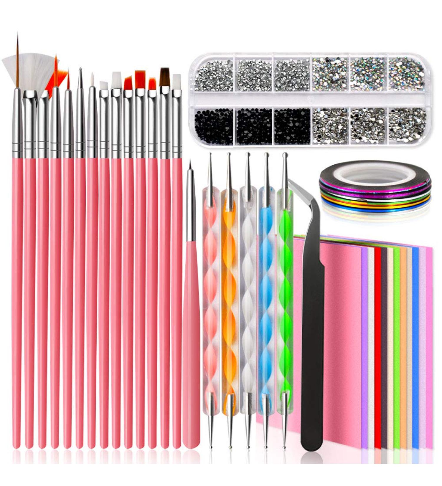 Acrylic Nail Design Kit with Brushes, Dotting Tool, Tape Strips, Foil Stickers & Rhinestones - Nail Technician Accessories - Buy Online on SooperMarket.com