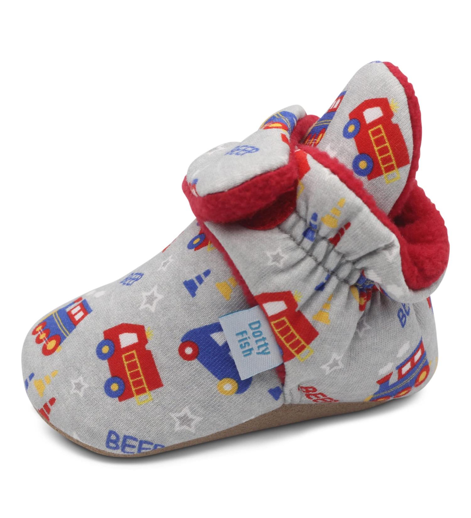 Dotty Fish Baby Booties | Fleece-Lined | Non-Slip Sole | Grey Trains & Cars | 0-6 Months - Buy Online on SooperMarket.com