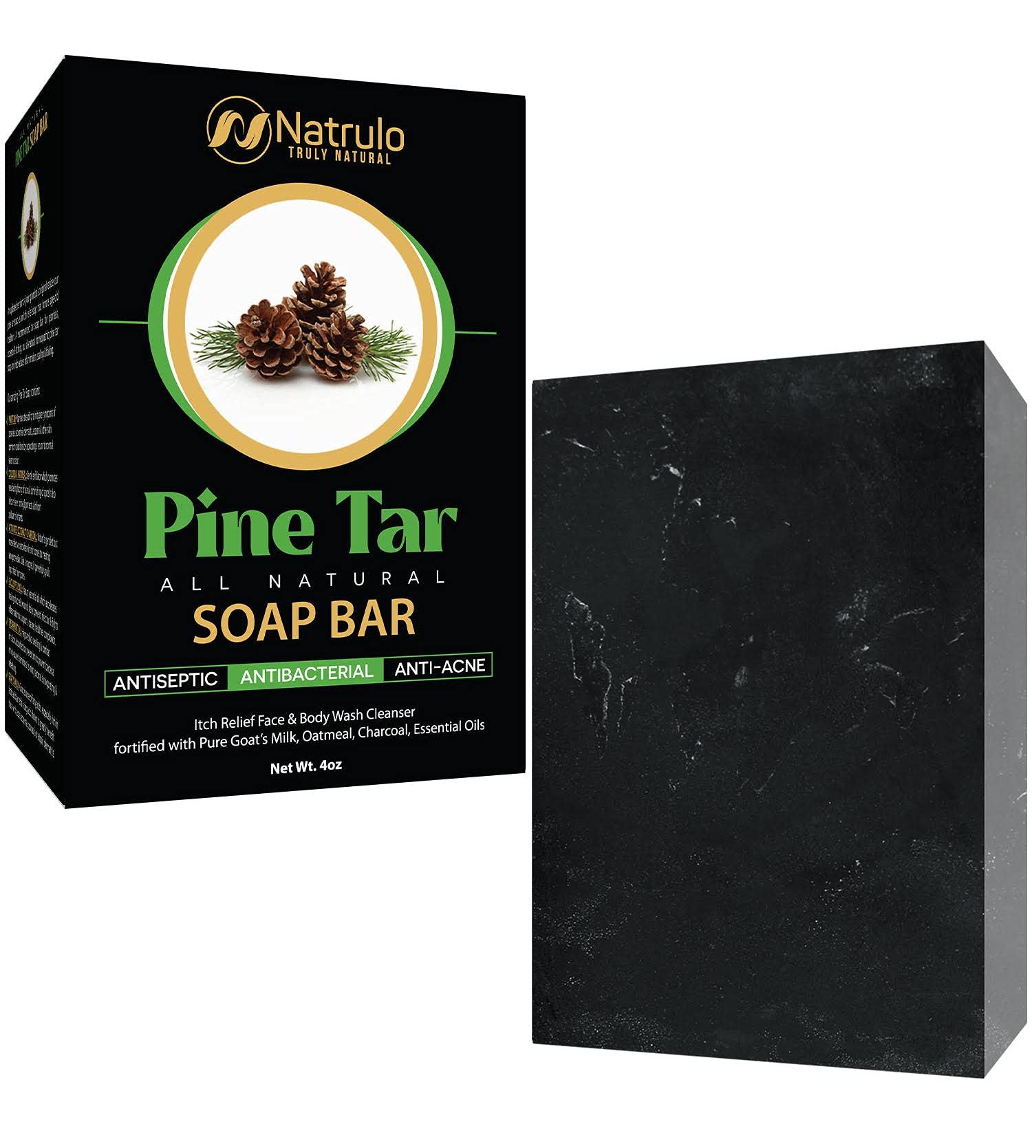 Natrulo Pine Tar Soap Bar 4oz - Antibacterial Antiseptic for Acne, Eczema, Psoriasis - Pure Goat's Milk with Oatmeal & Charcoal - Essential Oils - Face & Body Wash - Buy Online on SooperMarket.com
