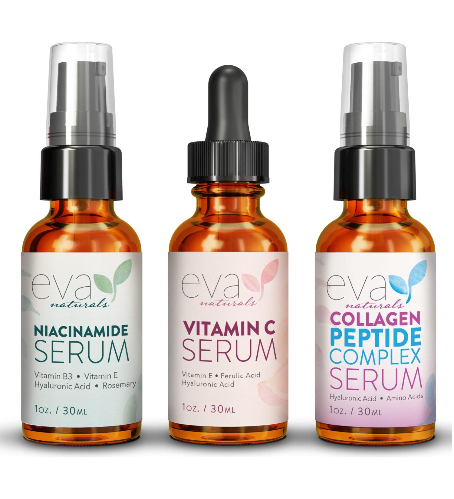 Natural Firm & Glow Skincare Set - Vitamin C, Peptide Complex, Niacinamide Serums | Eva Naturals - Buy Online on SooperMarket.com