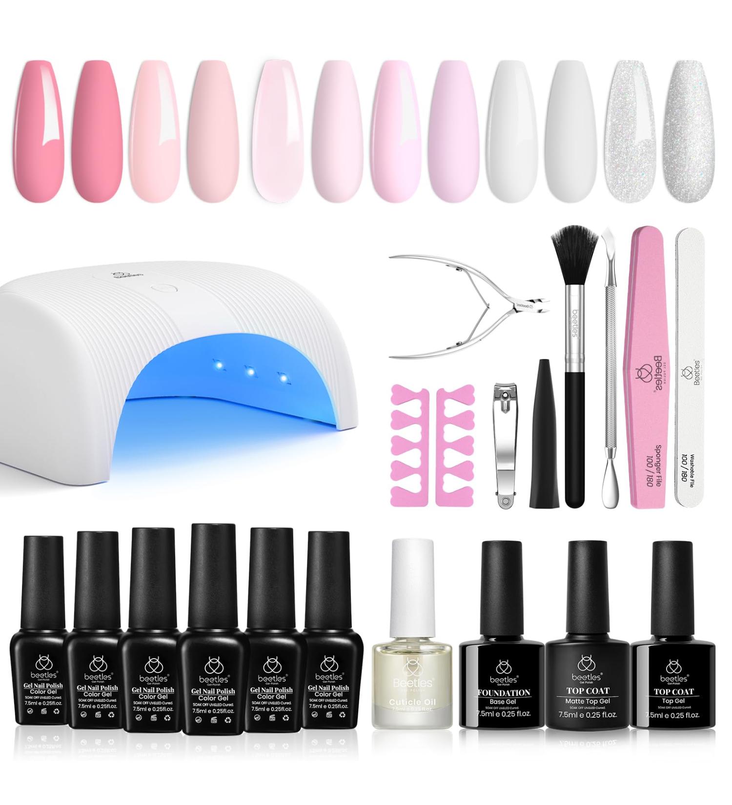 Beetles Gel Polish with LED Lamp: 6 French Manicure Colors Kit - Salon Quality DIY Gel Nail Set with Base, Top Coat, Soft Pink, Snow White - Perfect Gift - Buy Online on SooperMarket.com