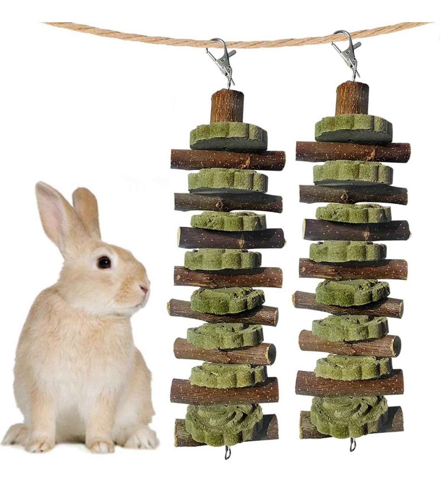 Bunny Chew Toys for Teeth Grinding - Organic Bamboo & Fruitwood Sticks for Rabbits, Guinea Pigs, Hamsters - 2 Count Pack - Includes Alfalfa Cakes - Natural and Safe - Buy Online on SooperMarket.com