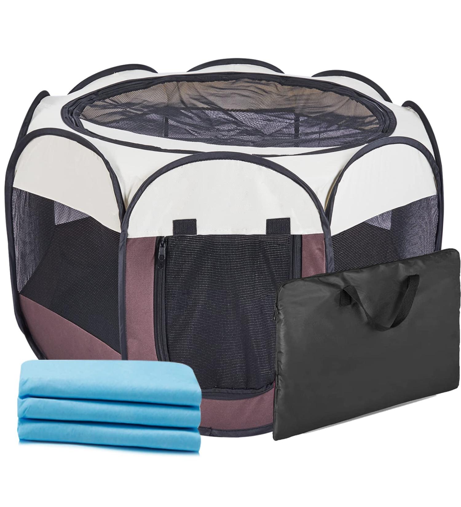 Ztinng Portable Pet Playpen with Shade Cover & Pee Pads | Indoor/Outdoor Foldable Design | Includes Carrying Case | Brown L(45x45x24) - Buy Online on SooperMarket.com