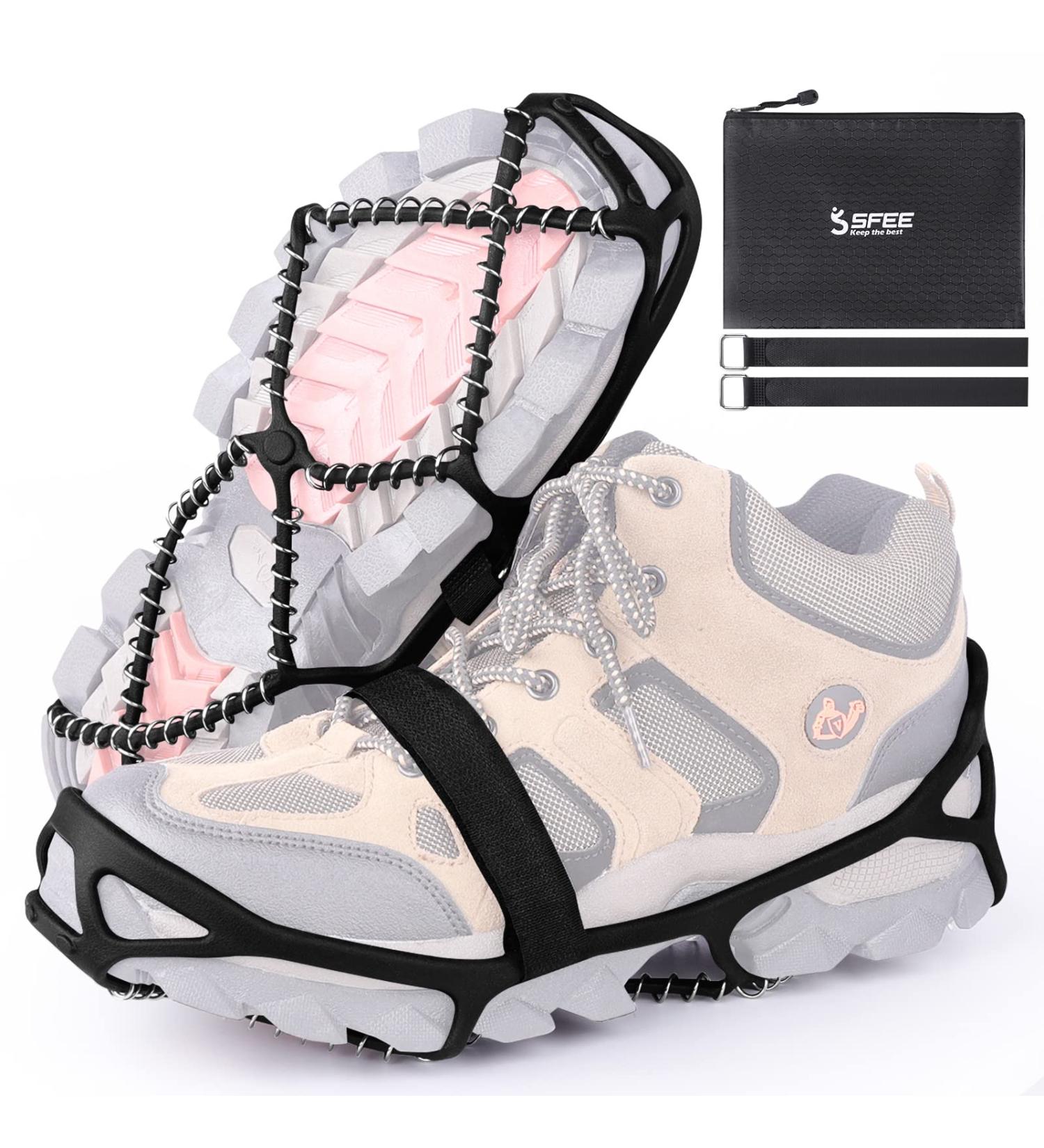 Sfee Ice Cleats - Anti-Slip Snow Grips Crampons for Shoes/Boots | Portable Traction for Walking, Climbing, Hiking, Fishing | Outdoor Running Gear with 2 Velcro Straps - Black (Large) - Buy Online on SooperMarket.com