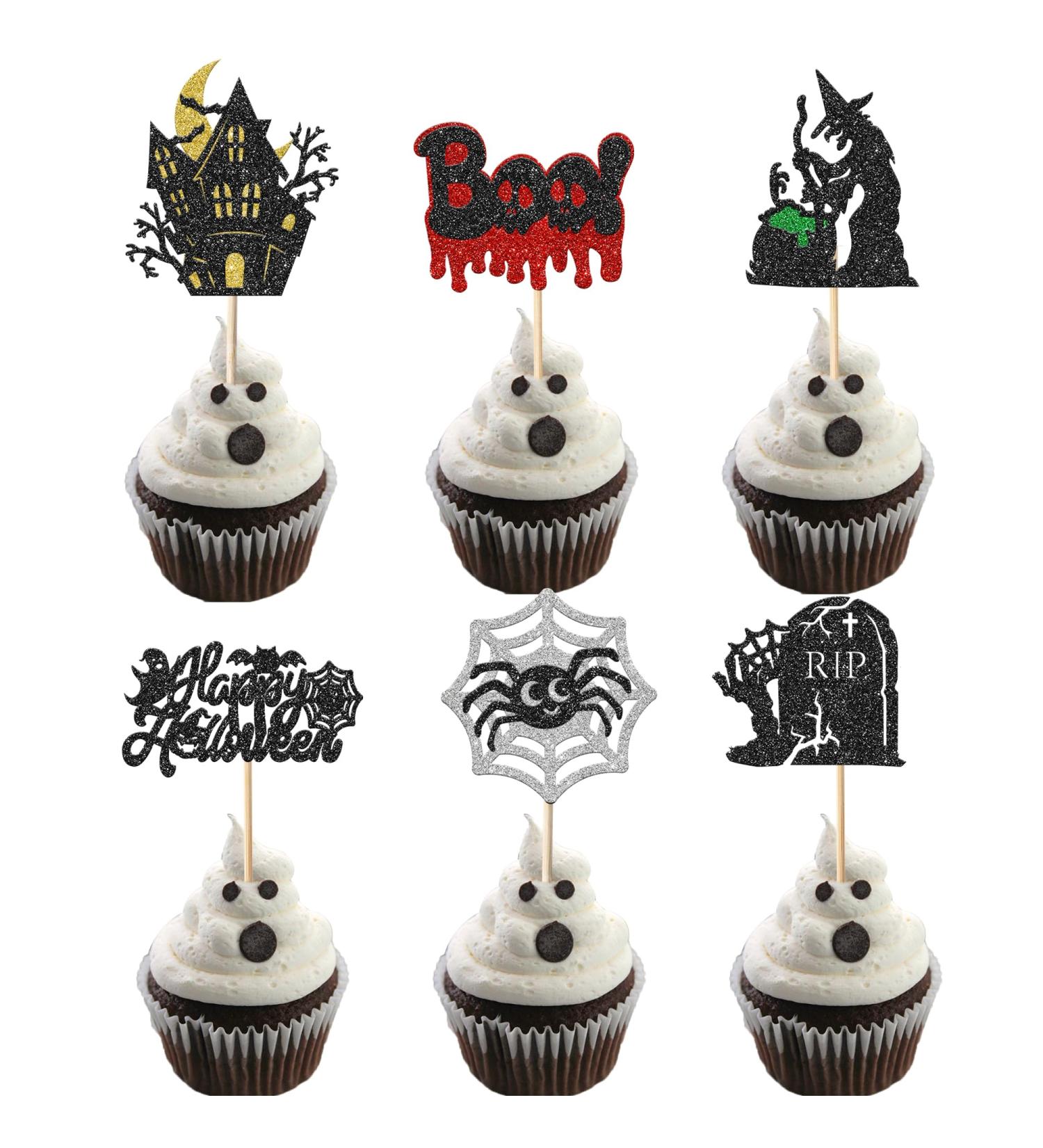 Rsstarxi 24 Pack Halloween Cupcake Toppers Glitter Tombstones Spider Boo Ghost Witch Cupcake Picks Skull Bat Happy Halloween Cake Decoration for Horror Halloween Baby Shower Birthday Party Decorations Design 25 - Buy Online on SooperMarket.com