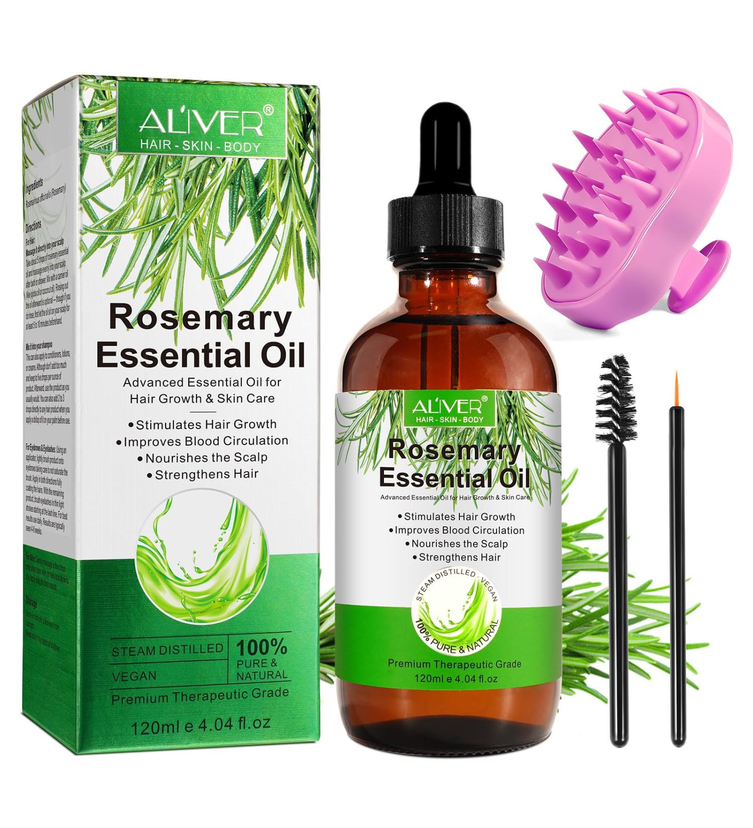 Organic Rosemary Oil for Hair Growth | 4.04 Fl Oz with Scalp Massager | Pure Essential Oil for Eyelashes Eyebrows & Skin Care - Buy Online on SooperMarket.com