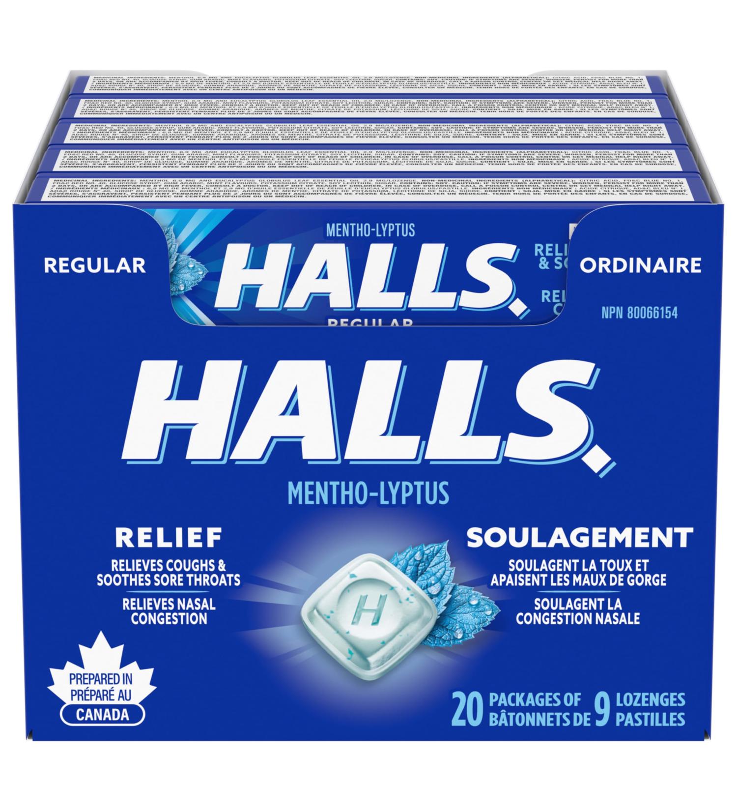 HALLS Regular Cough Drops Throat Lozenges Sore Throat Relief Mentho-Lyptus 9 Lozenges Cough Drops Regular 9 Count (Pack of 20) - Buy Online on SooperMarket.com
