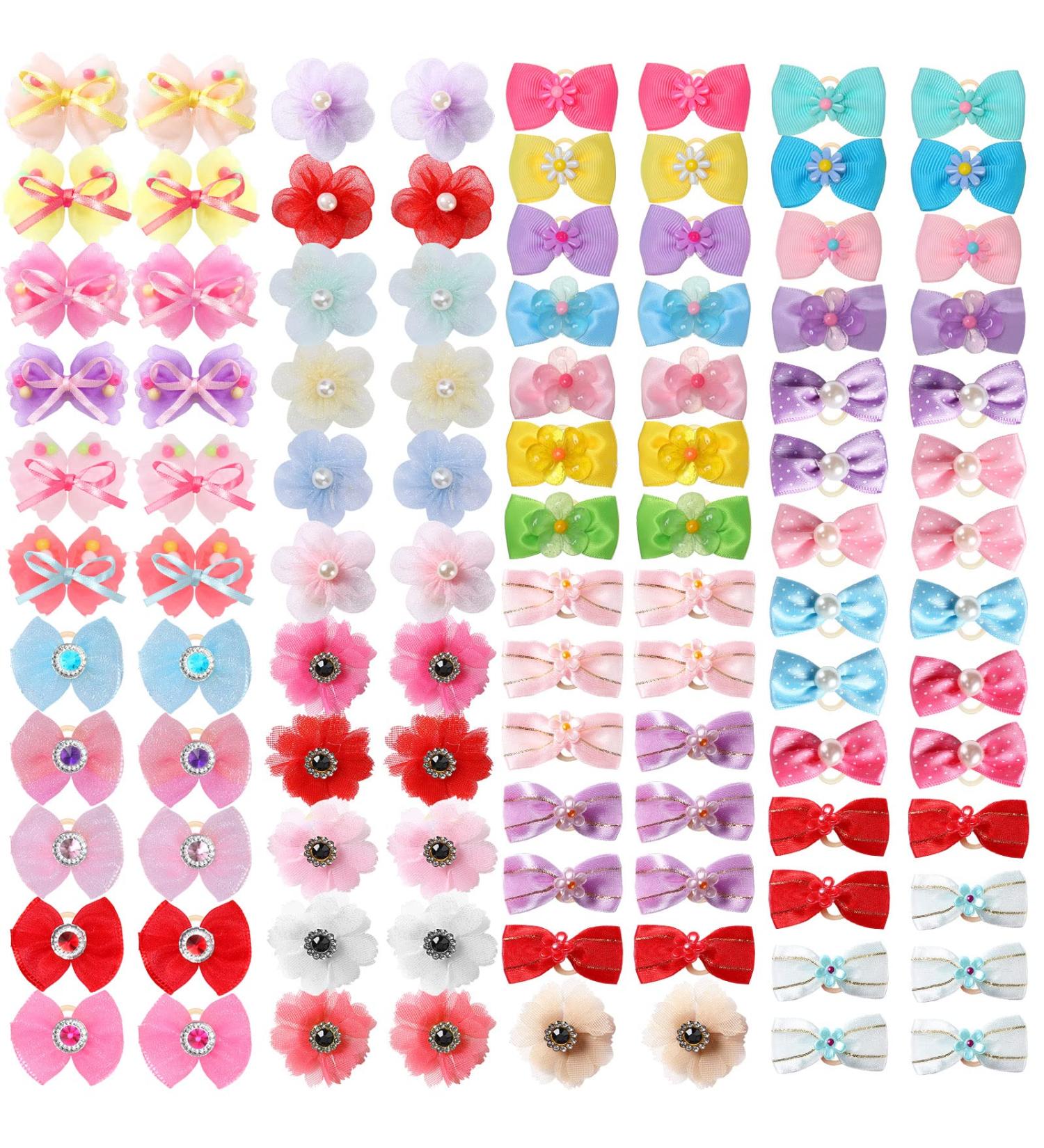 100-Piece Multicolor Dog Hair Bows with Rhinestone Pearls - Cute Girl Puppy Accessories for Pet Grooming - Buy Online on SooperMarket.com