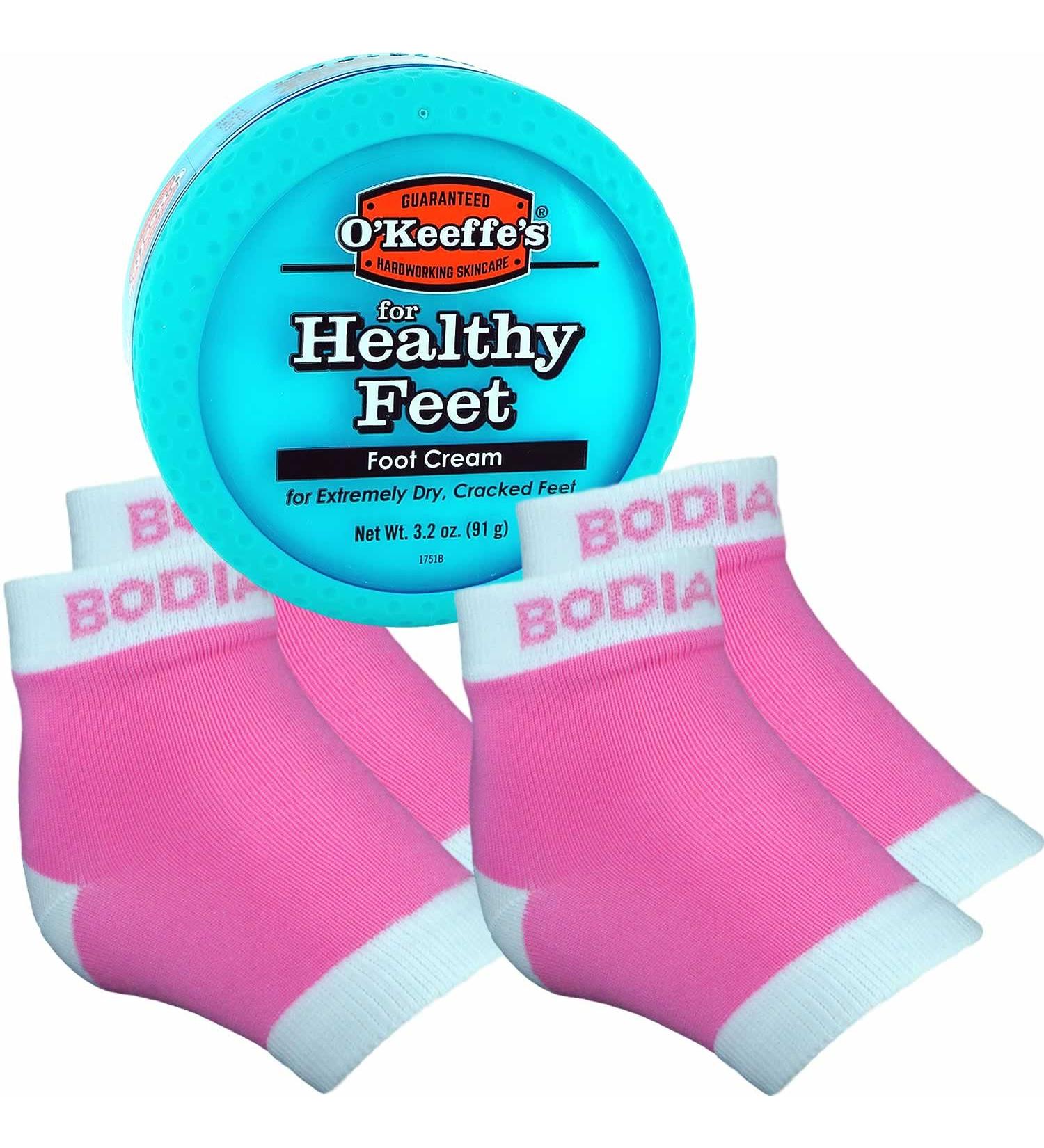 Bodiance Moisturizing Gel Heel Socks 2 Pairs Pink Large + O'keeffe's Healthy Feet Foot Cream Bundle - Buy Online on SooperMarket.com