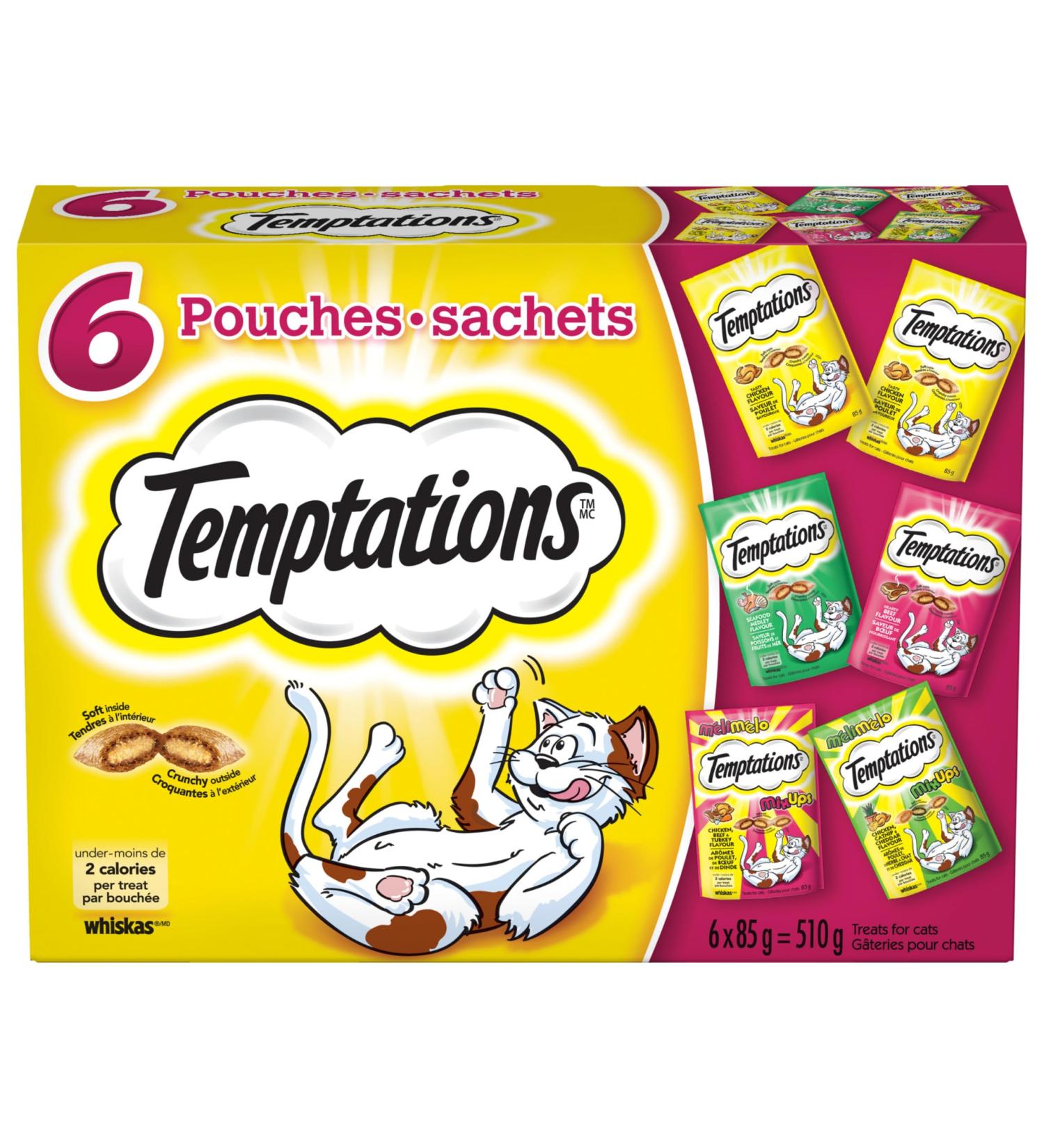 Temptations Adult Cat Treats Assorted Variety Pack 510g (6x85g Pack) 510 g (Pack of 1) Beef - Chicken - Seafood - Mix-ups Cat Treats - Buy Online on SooperMarket.com