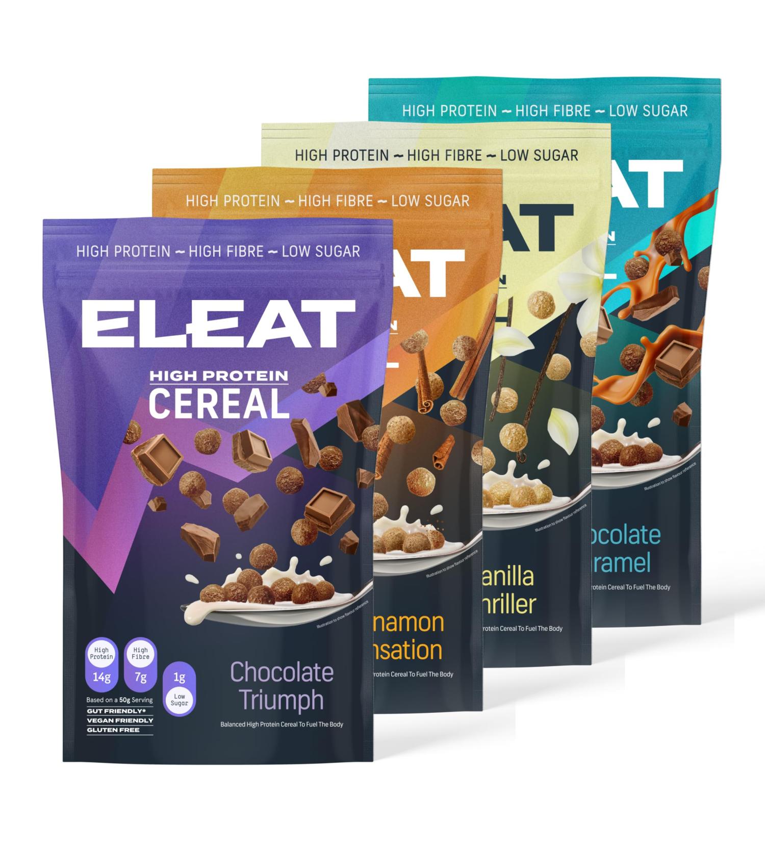 ELEAT High Protein Cereal - Low Sugar - Healthy Cereal - High in Fibre - Plant Based - Variety Pack (4 x 250g Pouches) ELEAT High Protein Cereal - Variety Pack - Buy Online on SooperMarket.com
