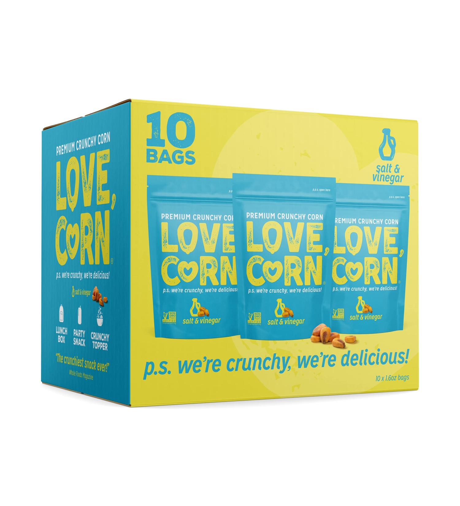 LOVE CORN Salt & Vinegar Snack | Crunchy Corn | 1.6oz x10 bags | Non-GMO, Gluten-Free, Plant Based, Low-Sugar - Buy Online on SooperMarket.com