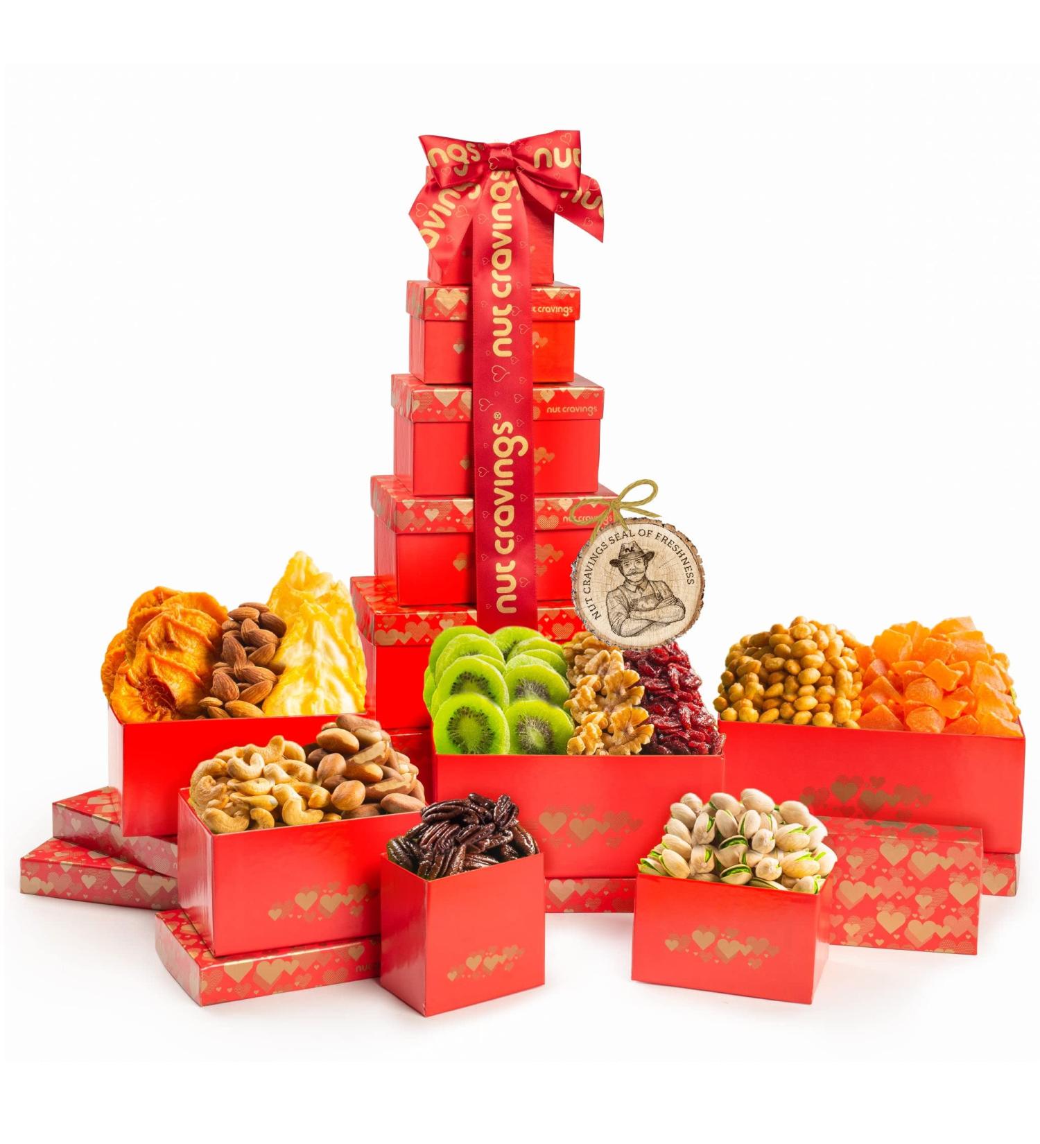 Dried Fruit & Nuts Gift Basket Red Tower + Ribbon (12 Assortments) Holiday Christmas Gourmet Bouquet Arrangement Platter  Birthday Care Package  Healthy Food Kosher Snack Box for Adults Men Women - Buy Online on SooperMarket.com