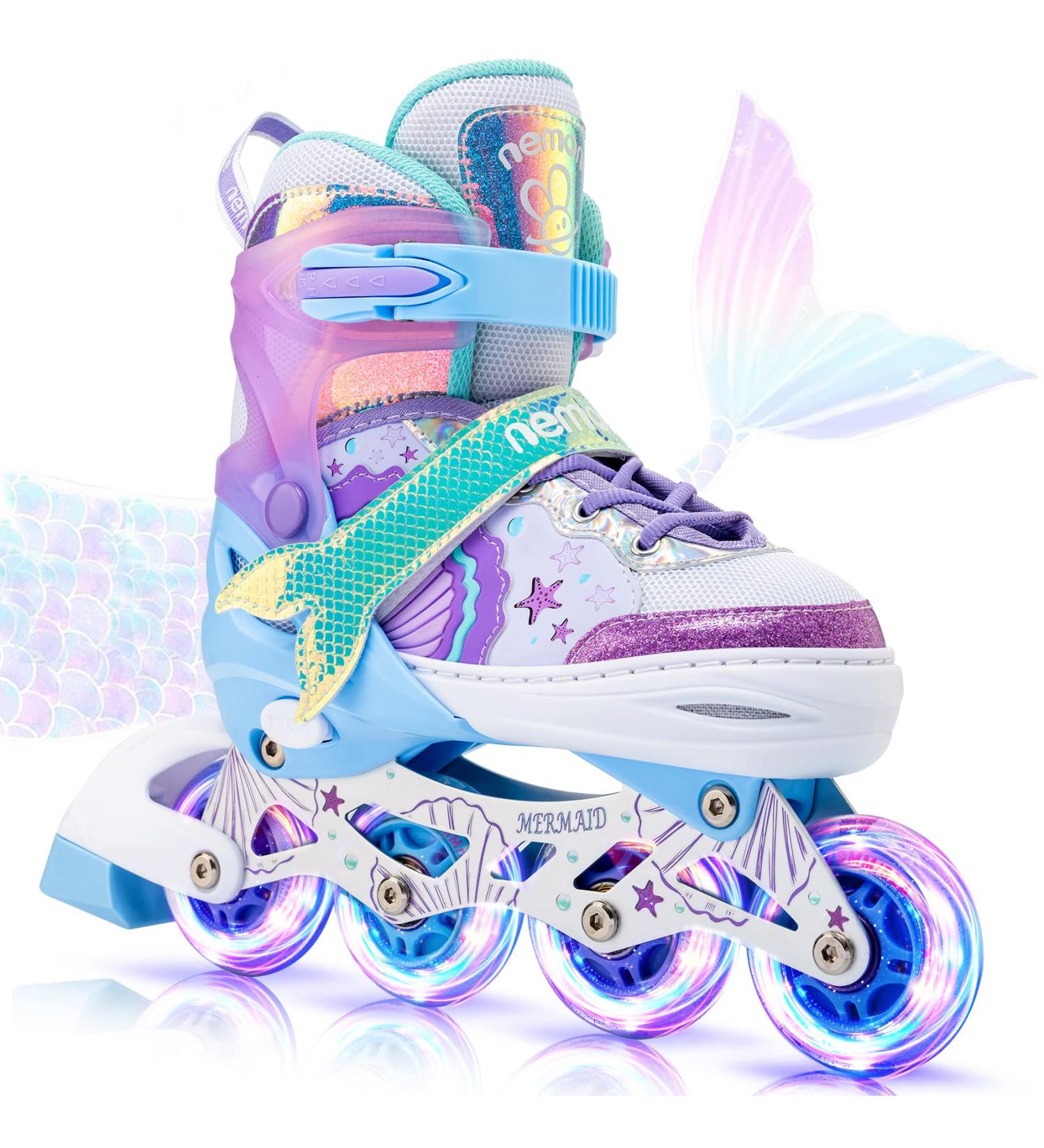 NEMONE Mermaid or Bunny Strawberry Light up Inline Skates - Purple Blue Blades Roller for Girls | 4 Size Adjustable Indoor Outdoor Skates for Kids | A-Mermaid Medium - Big Kid - Buy Online on SooperMarket.com