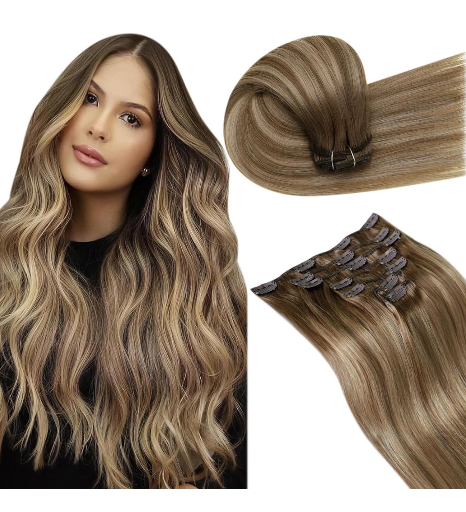 Shop Laavoo Brown Balayage Clip-In Hair Extensions - Real Hair Ombre Light Brown to Dark Blonde 35cm 7pcs 105g - Buy Online on SooperMarket.com