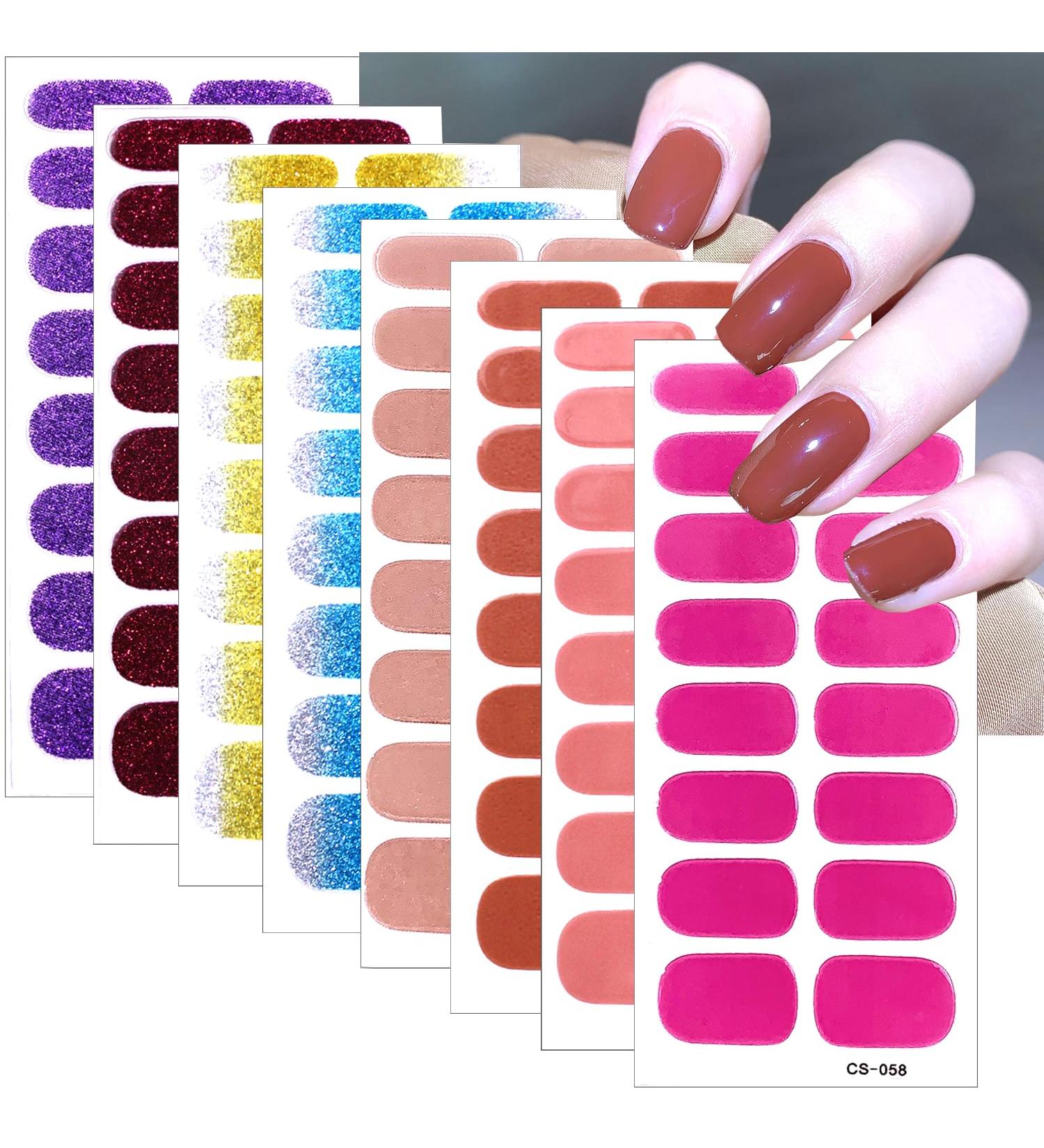 Buy 8 Sheets Semi Cured Nail Polish Stickers - Gradient Glitter & Solid Color Gel Wraps | Self-Adhesive Multicolored Nail Strips for Women & Girls | Perfect Manicure Decoration Supplies - Buy Online on SooperMarket.com