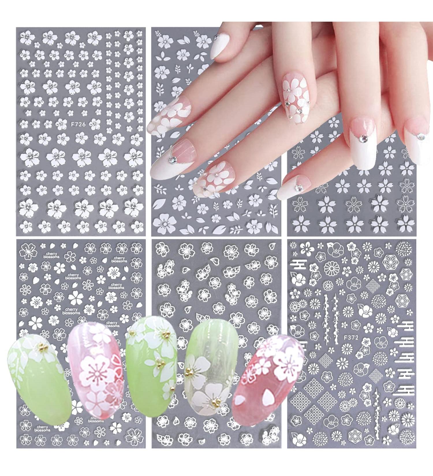 White Flower Nail Decals | Cherry Blossom Leaves Nail Stickers | 3D Self-Adhesive Nail Art Supplies - Buy Online on SooperMarket.com