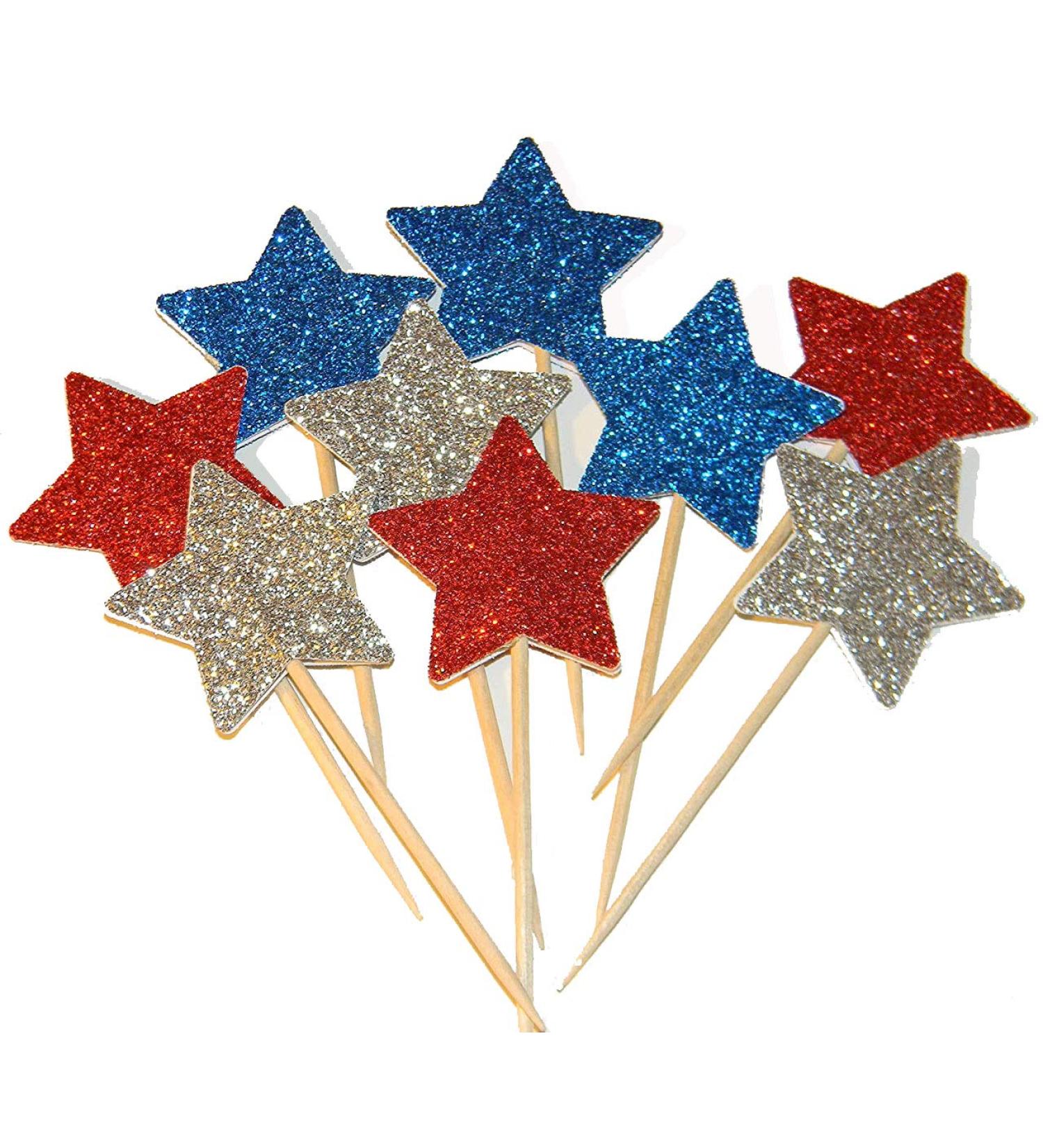 36 Pieces Glitter Star 4th of July cupcake toppers Glitter Gold Star Cakes Toppers for Independence Day 4th of July Party Supplies Favors(Blue Red White) - Buy Online on SooperMarket.com