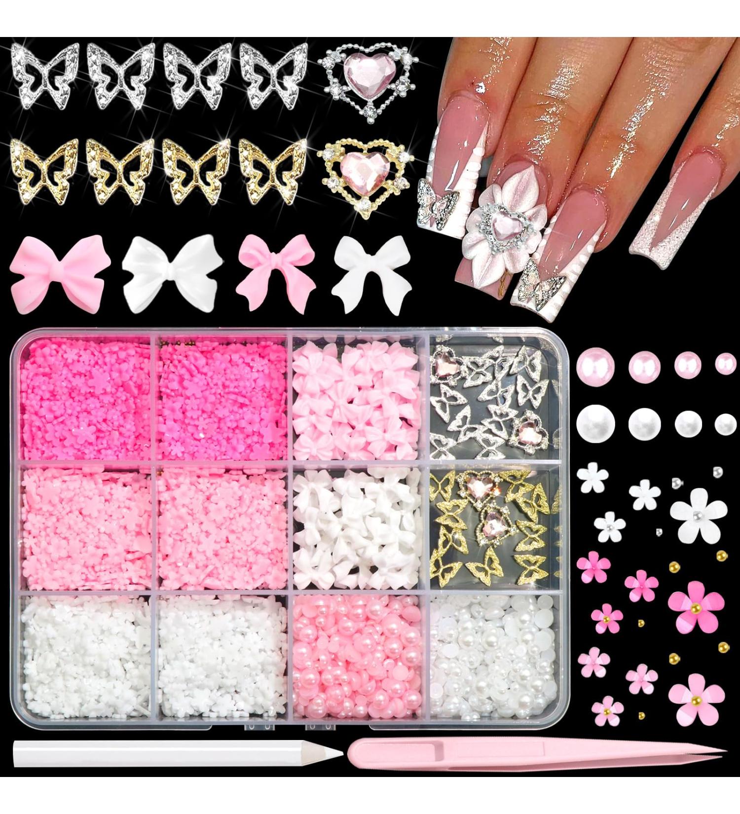 BELICEY 1000PCS 3D Nail Charms - Cute Butterfly Bow Star Heart & Moon Designs for Nail Art DIY - Includes Picker Pencil & Tweezer - Pink & White Flower Collection - Buy Online on SooperMarket.com