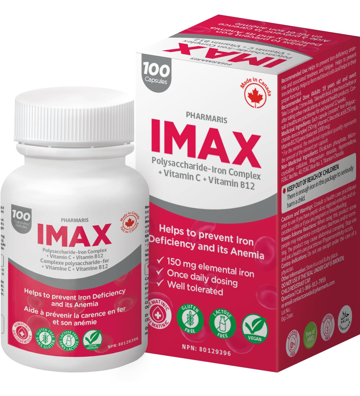 Pharmaris IMAX 150 mg Iron Supplement 250 mg Vit C 1000 mcg Vit B12 100 Capsules Effective iron pills for Iron deficiency Anemia Once Daily Dosing - Buy Online on SooperMarket.com