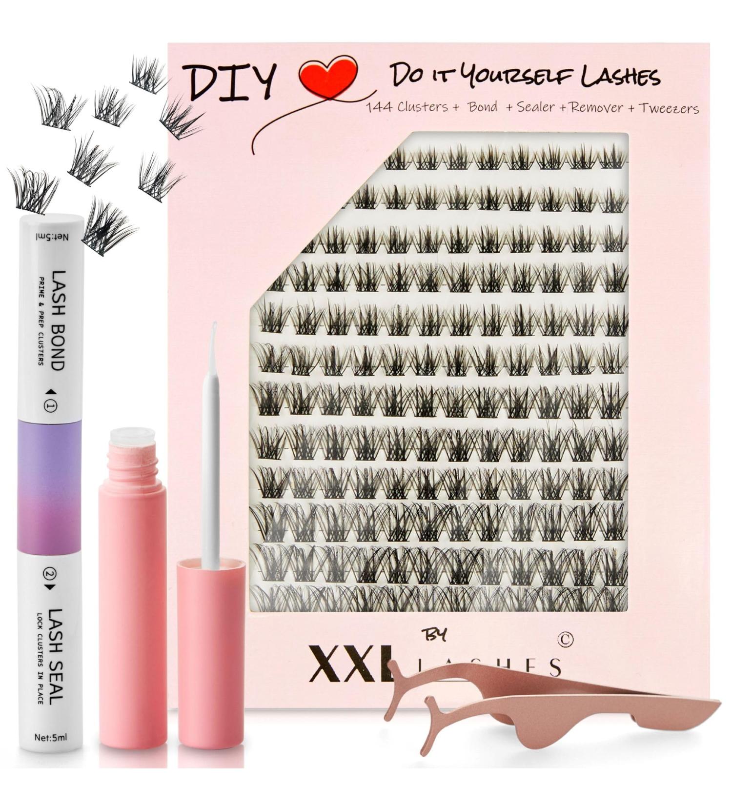 DIY Eyelash Extension Kit | XXL Cluster Lashes Set | 144 Eyelashes Bond Sealer Remover Applicator Included - Buy Online on SooperMarket.com