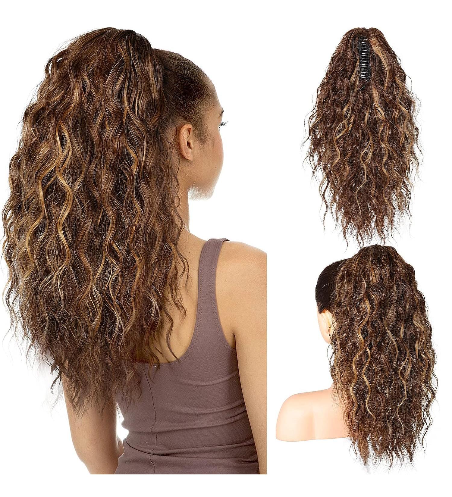 PORSMEER Claw Clip in Ponytail Hair Extensions 18 inches Long Curly Brown Ponytail Multi Layered Natural Fluffy Wave Synthetic Hairpiece for Womens Girls Everyday Wear Brown with highlights - Buy Online on SooperMarket.com