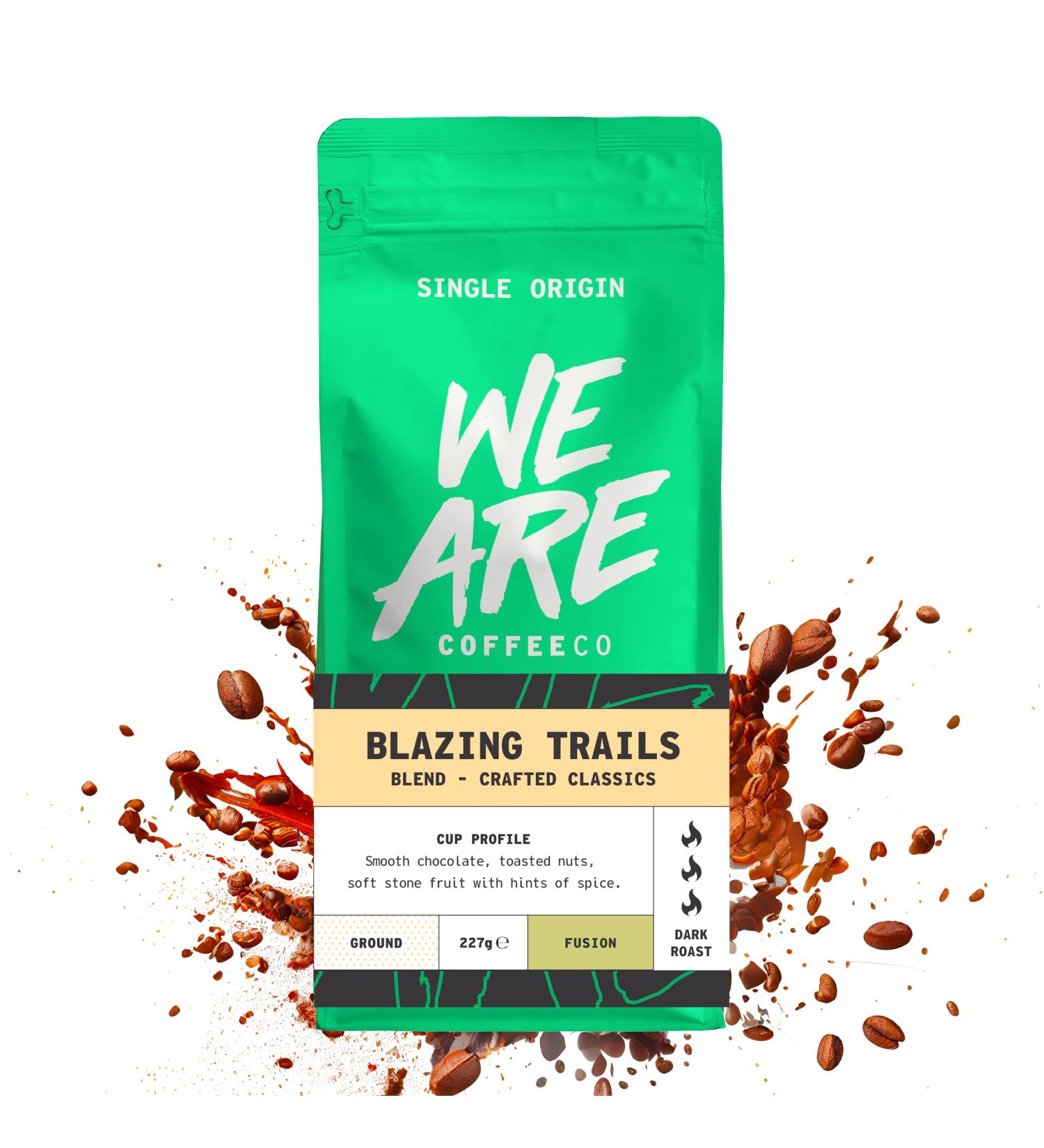 Coffee Ground for Cafetiere 227g Bag Blazing Trails Blend Ground Coffee Chocolate Nuts & Fruits Notes 100% Arabica Dark Roast Fresh Coffee Single Origin (We Are Coffee Co) Ground Cafetiere 227 g (Pack of 1) - Buy Online on SooperMarket.com