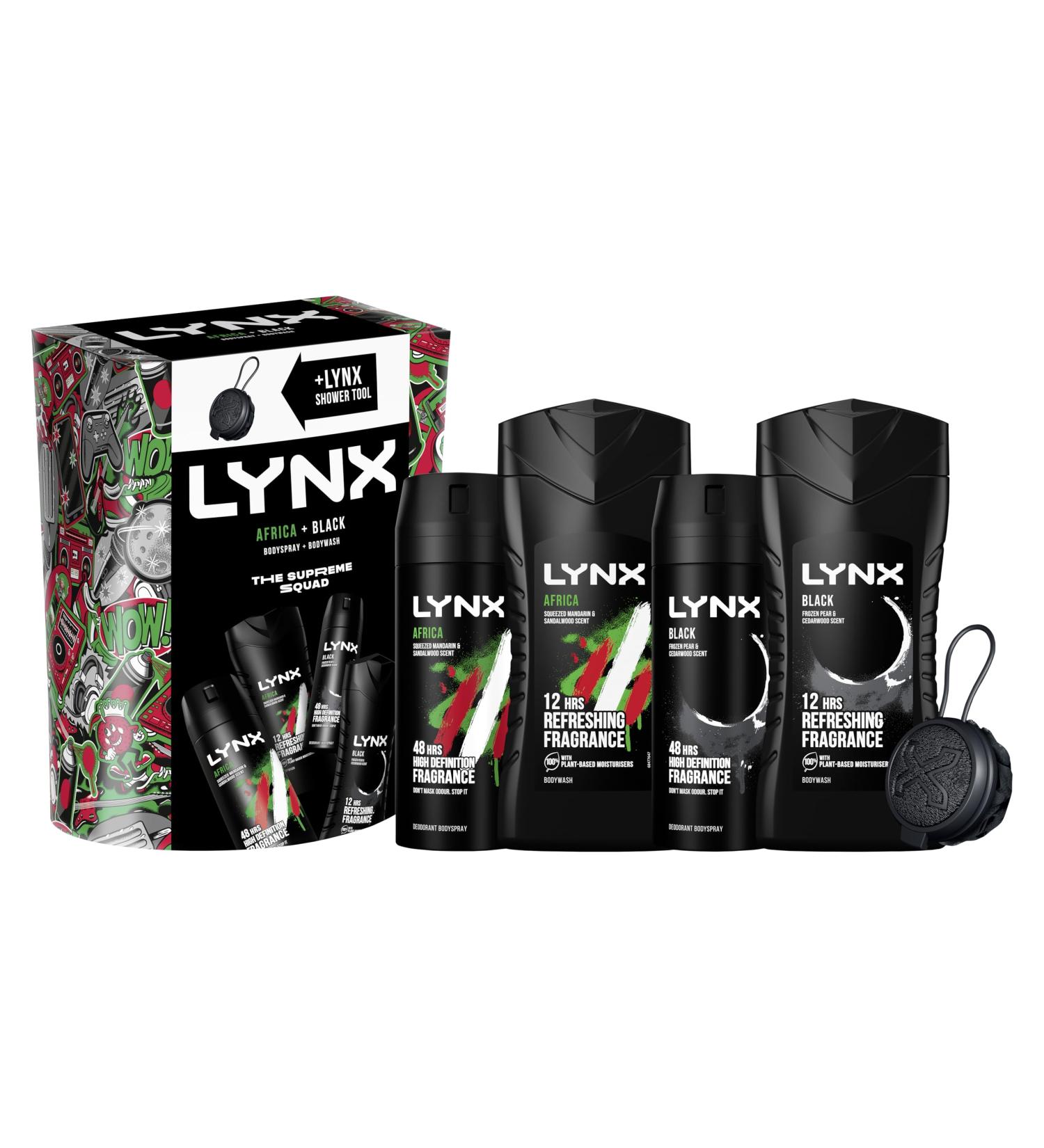 LYNX Africa & Black The Deodorant Gift Set Shower Tool 2x Body Wash & 2x Body Spray perfect for his daily routine 4 piece - Buy Online on SooperMarket.com