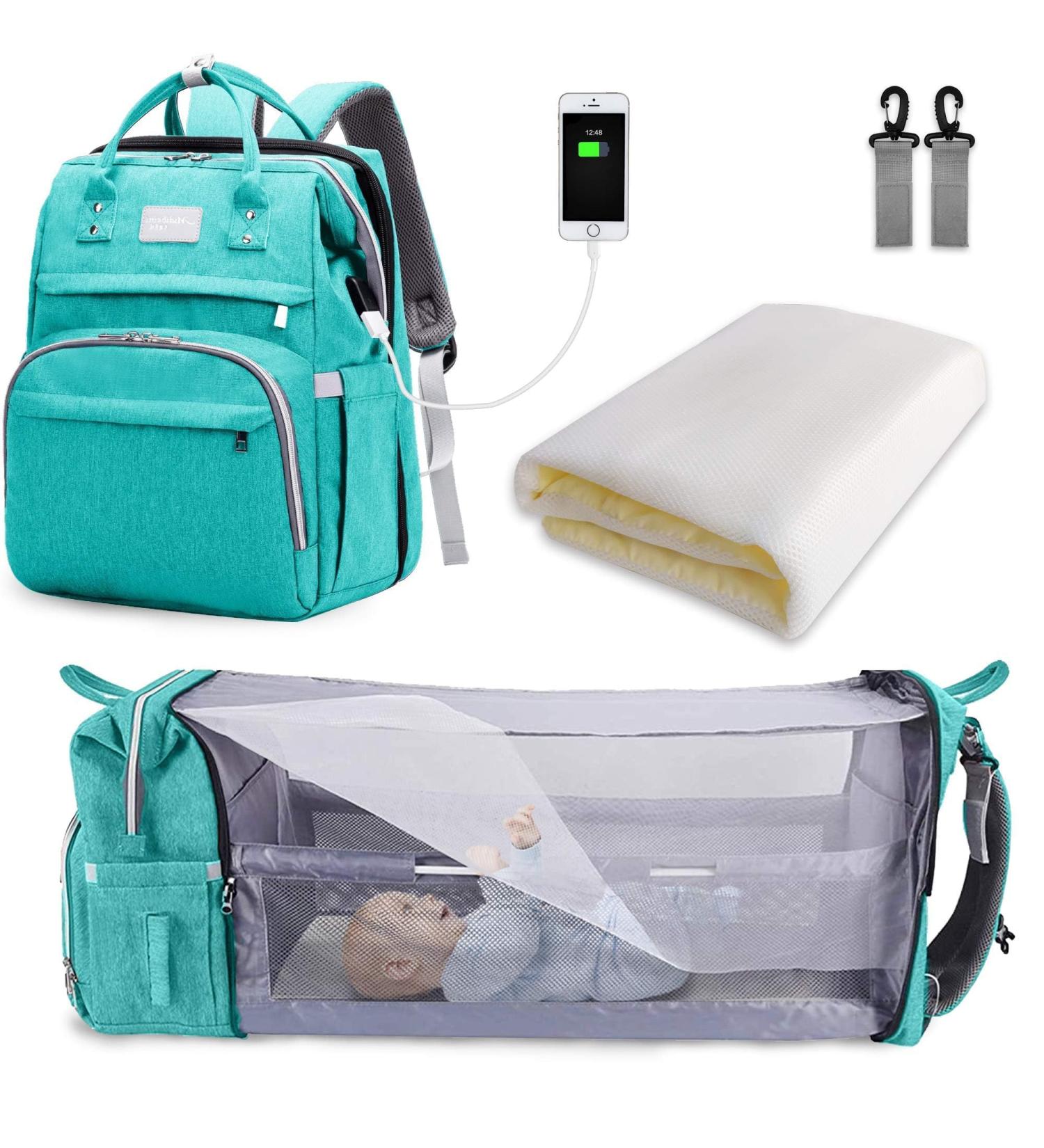 Buy SndMor Mint Green Diaper Backpack - Multifunctional Wrap Bag with Bed Function Stroller Hook & Large Capacity for Moms & Dads - Buy Online on SooperMarket.com