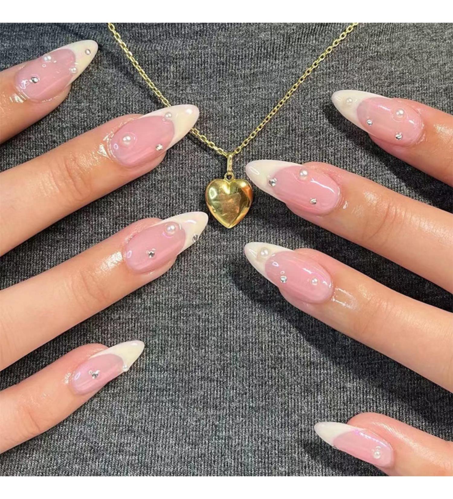Justotry 24 Pcs Pearls Short False Nails Stiletto Beige French Press On with Diamante - Nail Art for Women - Buy Online on SooperMarket.com