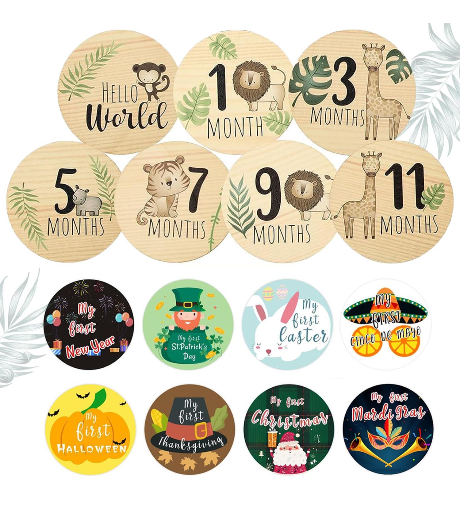Baby Milestone Cards Set | 7 Wooden Monthly Cards & 8 Festival Stickers | Baby First Year Growth Props for Unisex | Baby Shower Gifts - Buy Online on SooperMarket.com
