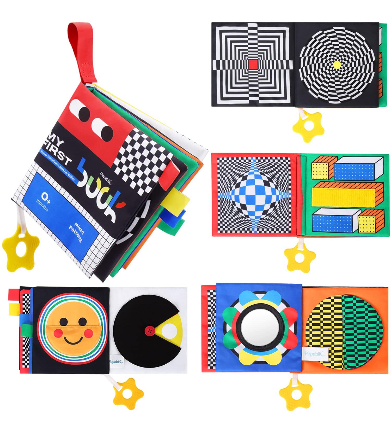 Papablic Luxury Baby Soft Book with Teether  High Contrast Black and White Crinkle Book for Early Education  Tummy Time Toys for Babies 0-12 Months with Baby Safe Mirror  Crinkle Pages and Squeaker - Buy Online on SooperMarket.com