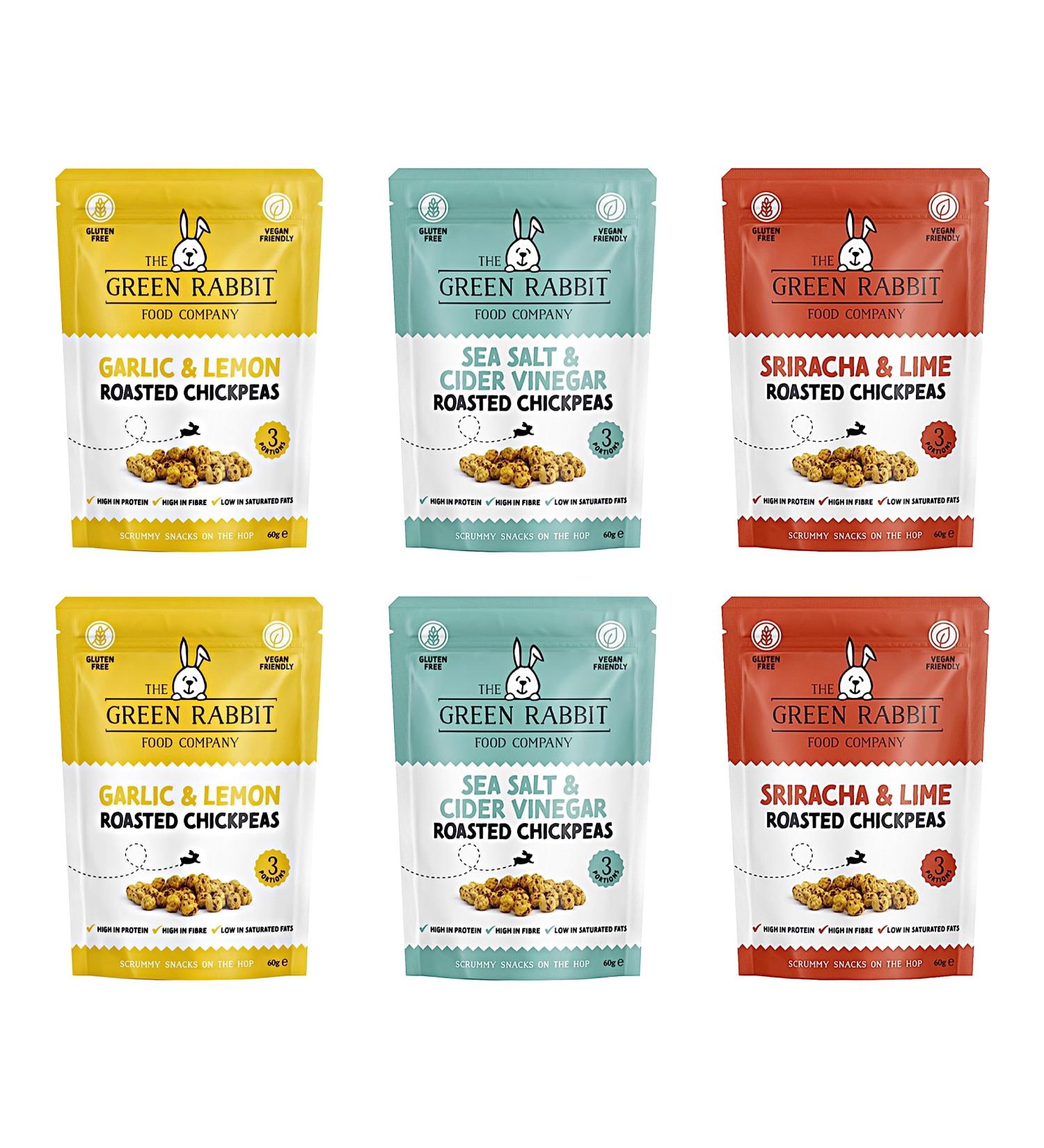 The Green Rabbit Gluten Free Roasted Chickpeas 3 Flavour Variety Pack - Healthy Snacks High in Plant-Based Protein & Fibre - Low in Fat Sugar & Calories - Vegetarian & Vegan Friendly - 6 Packs x 60g - Buy Online on SooperMarket.com