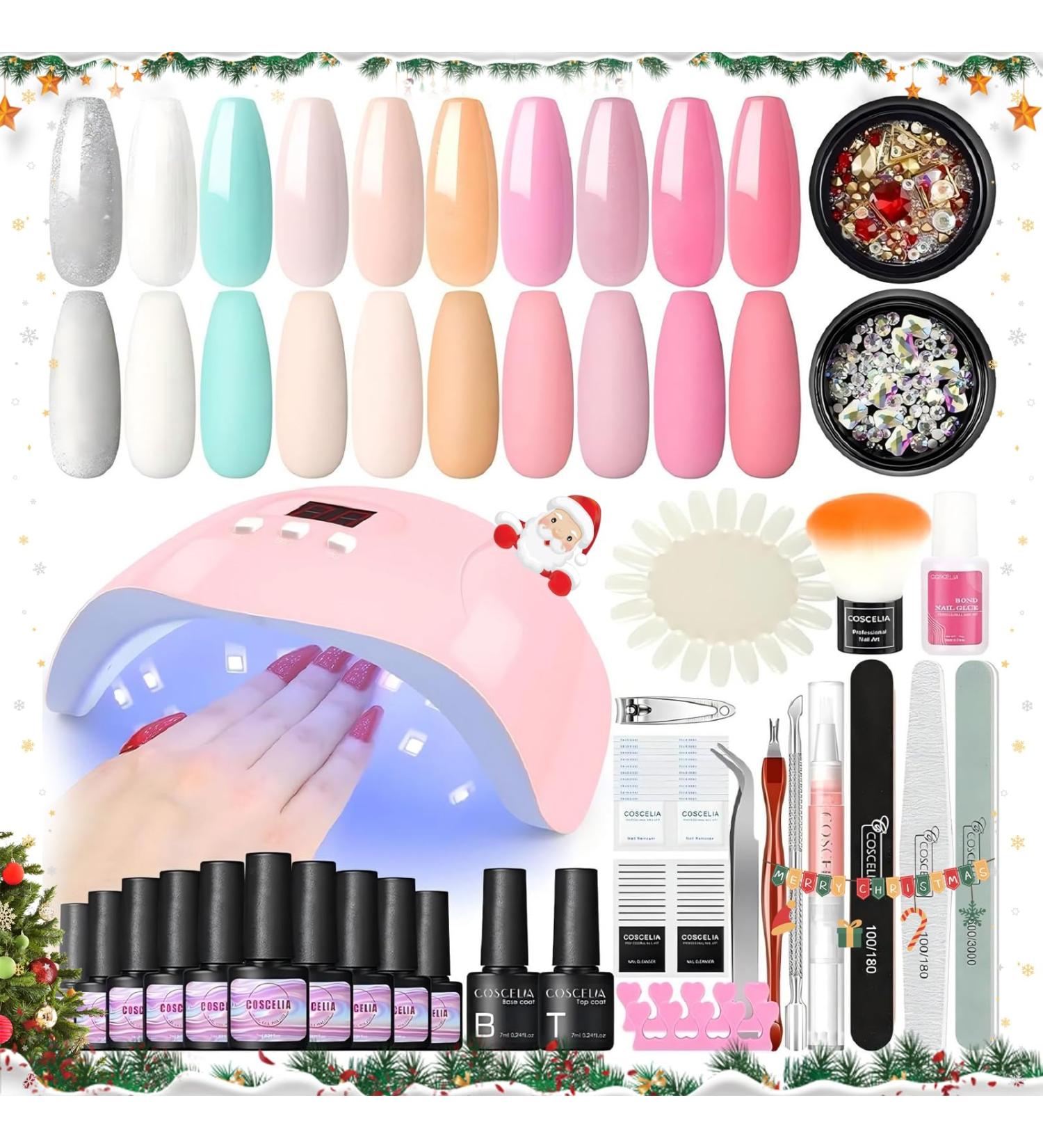 COSCELIA Gel Nail Polish Kit with U V Light Starter Kit 10PC Gel Polish Top Base Coat Nail Art Rhinestones Pink White Glitter Colors Gel Nail Manicure Kit Nail Art Design DIY for Women - Buy Online on SooperMarket.com