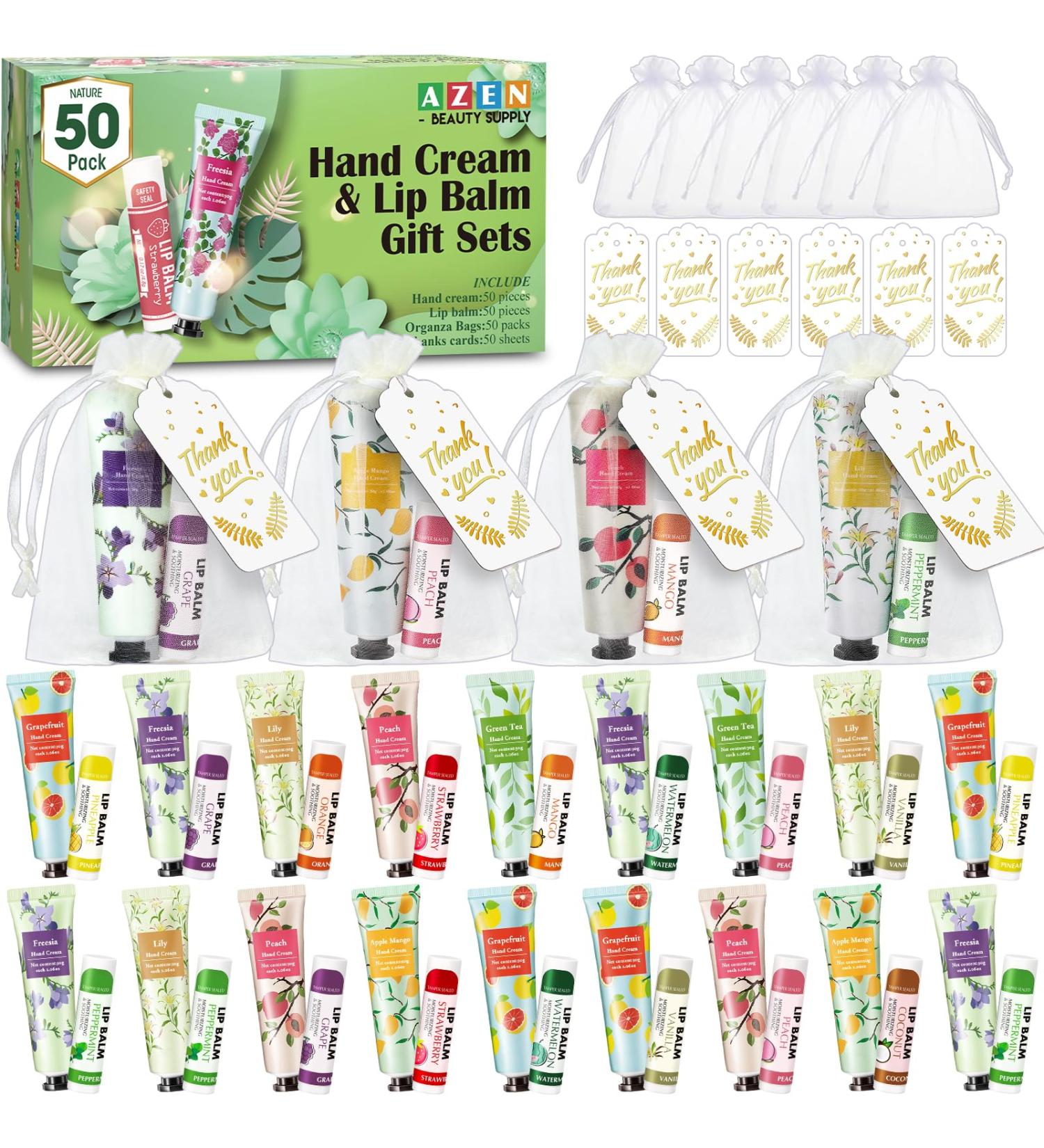 AZEN 50 Sets Hand Cream & Lip Balm Bulk - Perfect Bridal Shower & Thank You Gifts for Guests | Wedding Favors with Organza Bags & Cards - Buy Online on SooperMarket.com