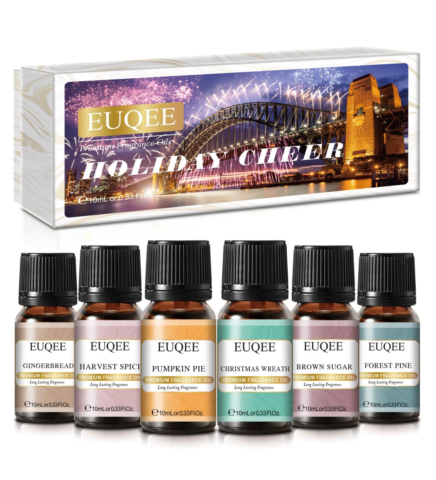 EUQEE Holiday Cheer Fragrance Oils Set - Forest Pine, Christmas Wreath, Brown Sugar, Harvest Spice, Gingerbread, Pumpkin Pie - 10ml Scented Oils for Diffuser and Candle Making - Buy Online on SooperMarket.com