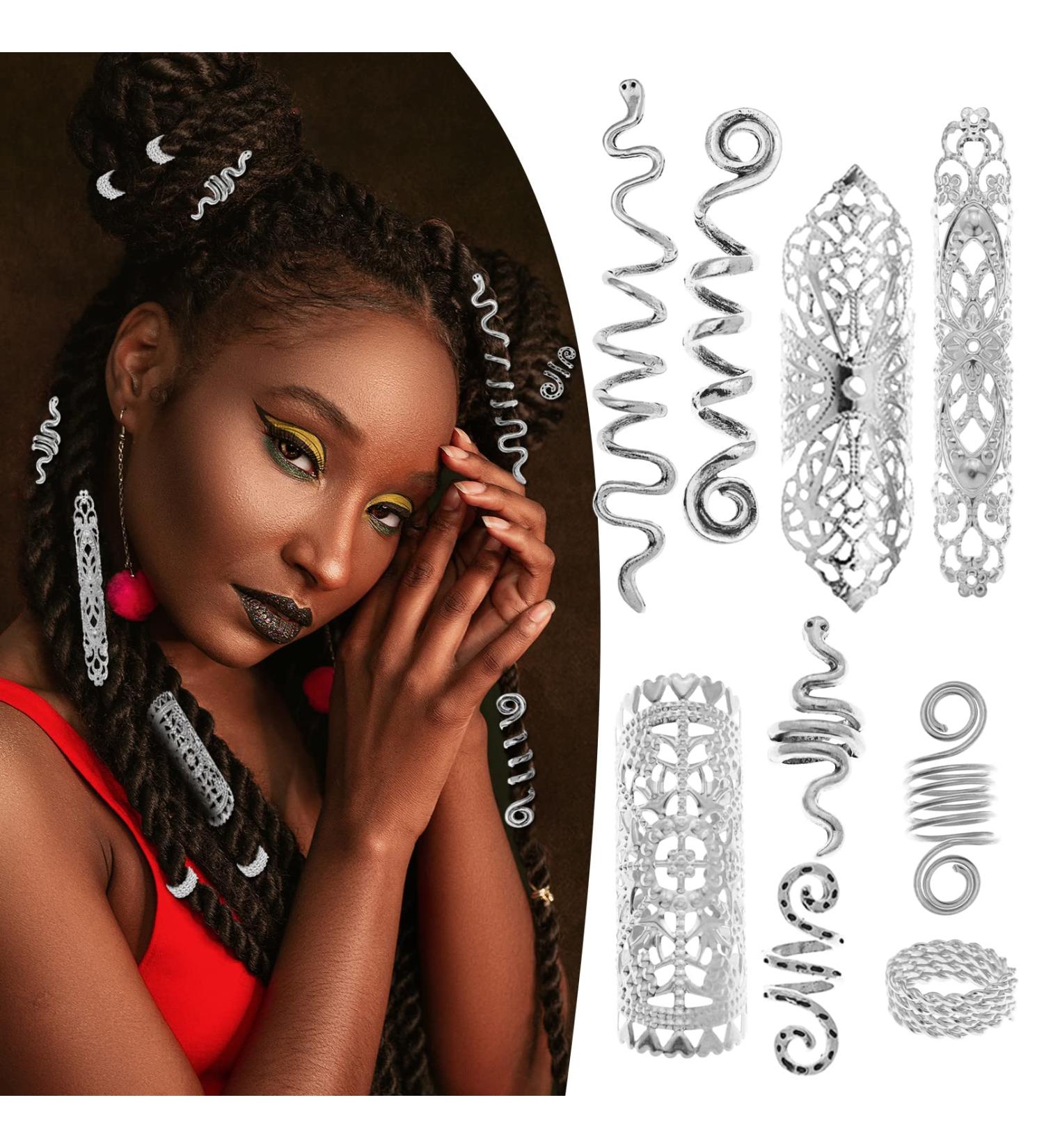 Dreadlocks Jewelry Set - 58 Pieces Pirate Beard Tube Beads, Swirl Filigree Cuff Rings, Hair Decoration - Silver Dread Locs Accessories - Buy Online on SooperMarket.com