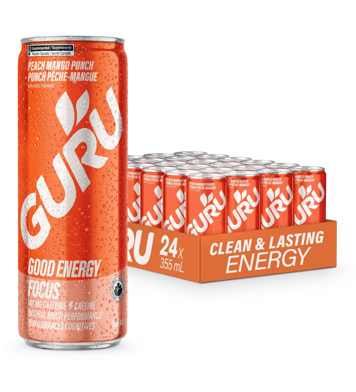 GURU Peach Mango Punch Organic Energy Drinks Clean Energy Drink with Plant Based Natural Caffeine from Green Tea + Focus with L Theanine Gluten Free and Vegan 140MG Caffeine 355mL (Pack of 24) Peach Mango Punch 355 mL (Pack of 24) - Buy Online on SooperMarket.com