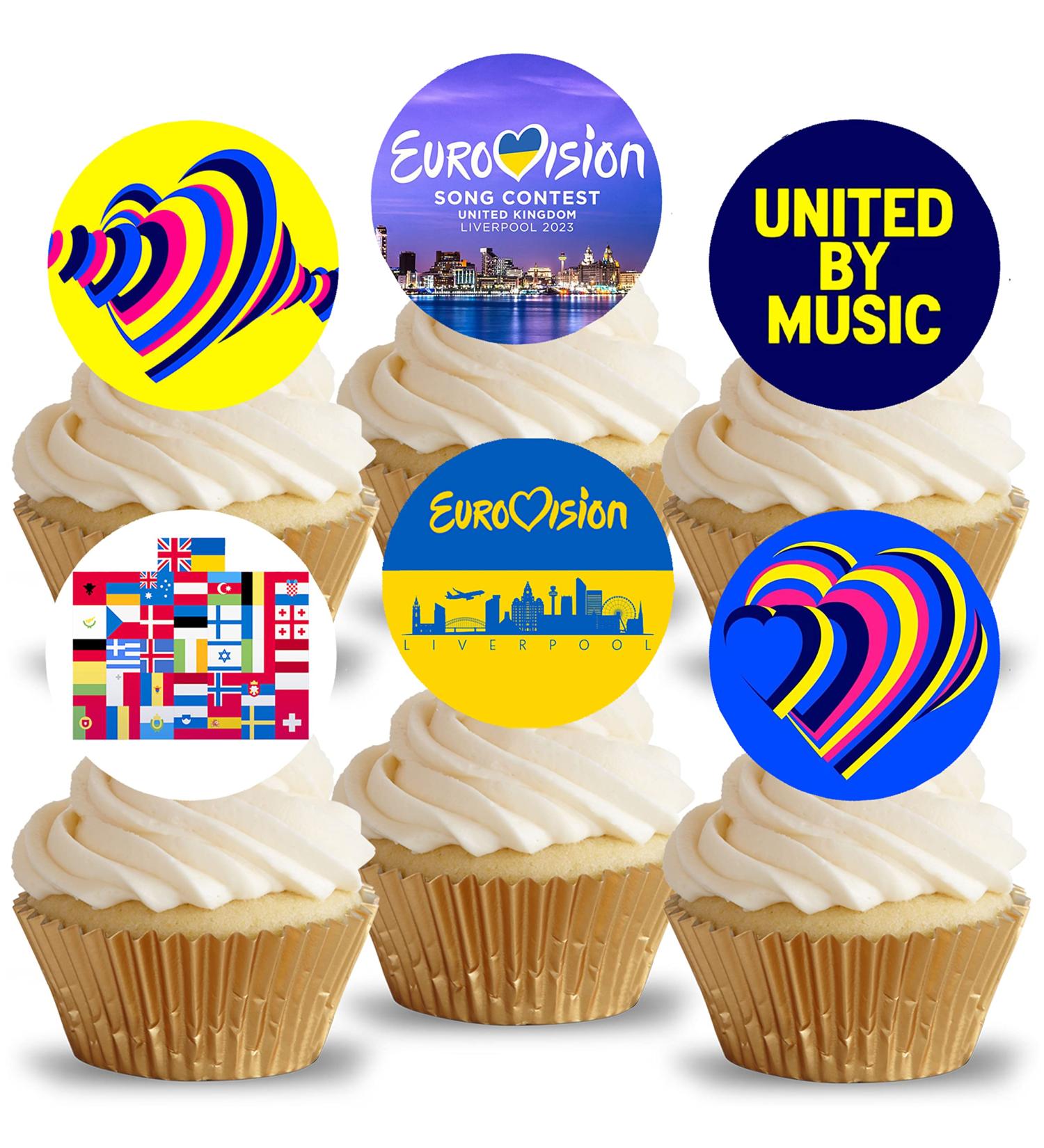 24 x Pre-Cut Stand up Eurovision Song Contest Edible Wafer/Rice Paper Cupcake Cake Dessert Toppers United Kingdom Liverpool 2023 Party Music Decorations