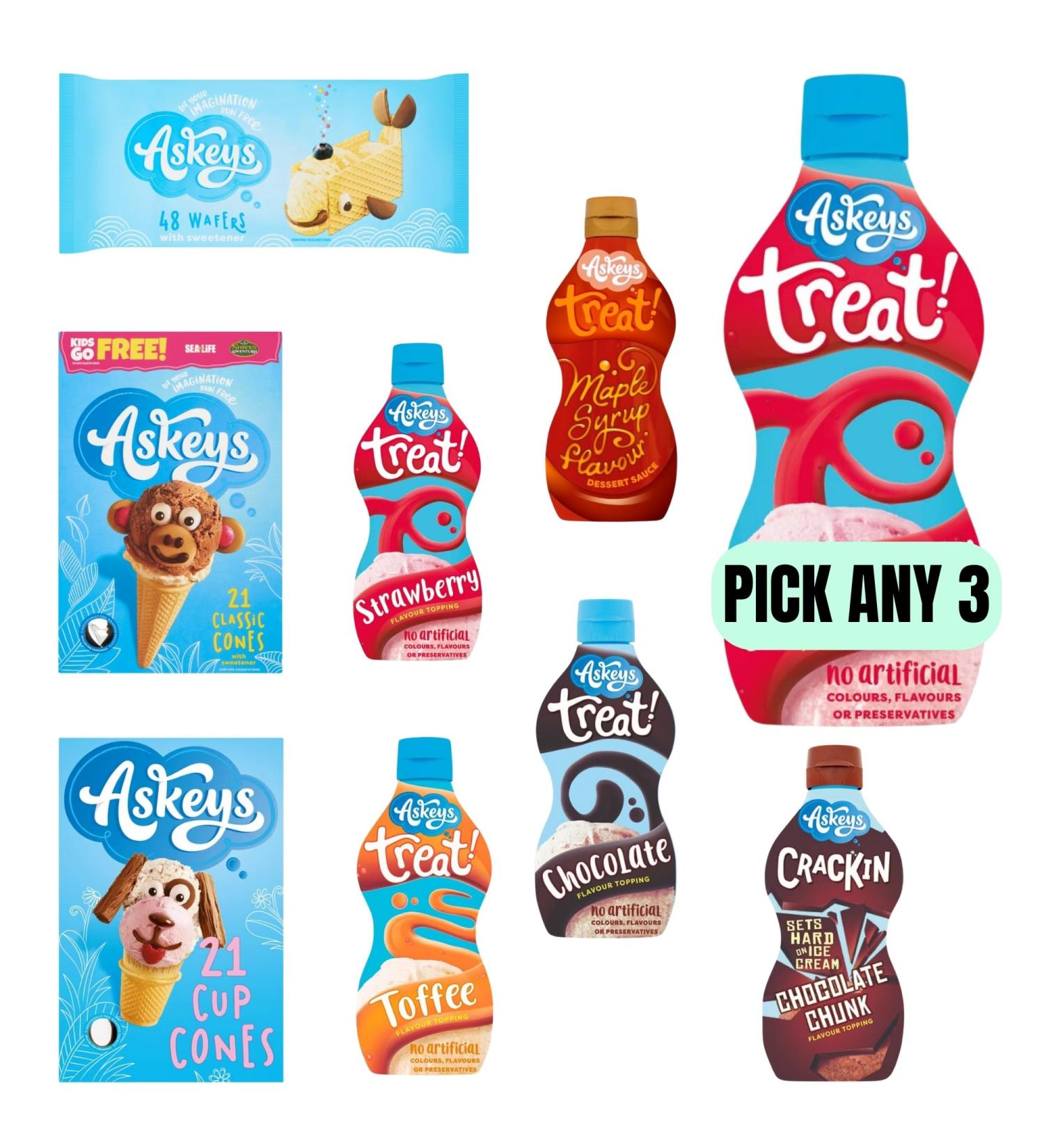 Pick Any 3 Askeys Dessert and Ice Cream Toppings and Cones Pick and Mix