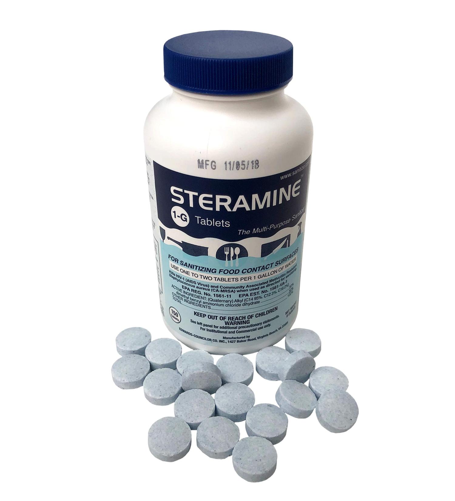 Steramine Sanitizing Tablets for Food Contact Surfaces - Kills E-Coli, HIV, Listeria - 150 Tablets - Model 1-G - Blue - Pack of 1 Bottle - Buy Online on SooperMarket.com