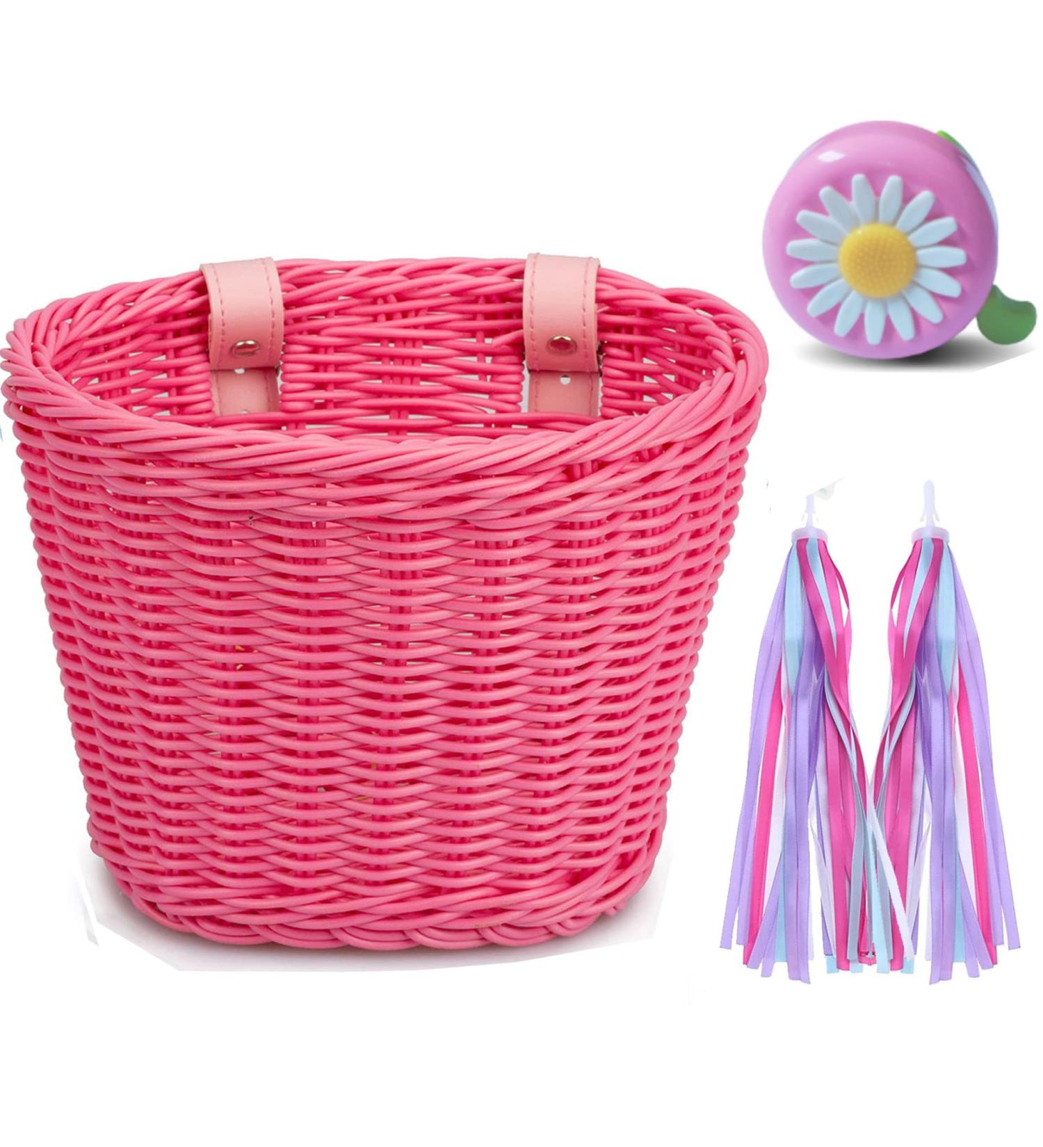 Kid Bicycle Accessories Bundle: Front Basket, Bell, Stickers, Ribbons - Pink | Bike Basket Set for Girls and Boys - Buy Online on SooperMarket.com