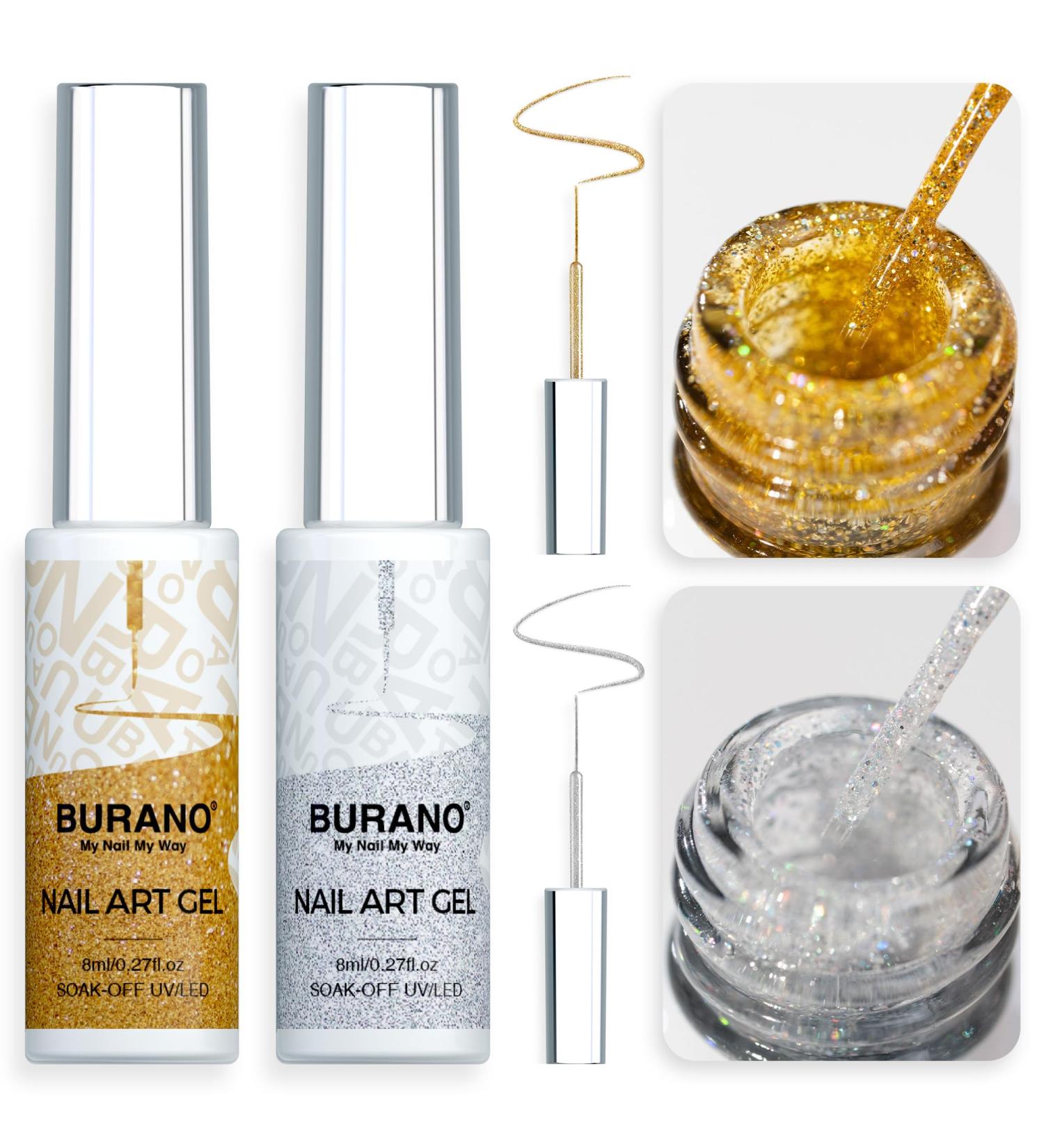 BURANO Gel Nail Polish Liner - Silver & Gold Nail Art - 8ml with Thin Brush - Glitter Curing Required - Buy Online on SooperMarket.com