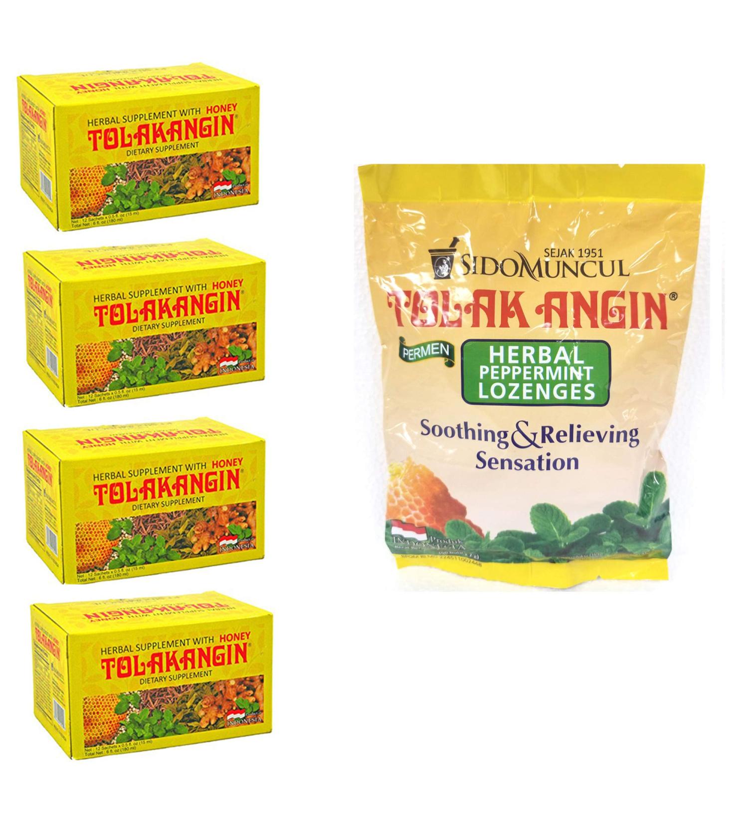 Bundle Packs - Sido Muncul Tolak Angin Herbal Supplement with Honey. 12x0.5oz (Pack of 4) + Sido Muncul Tolak Angin Permen - Herbal Peppermint Lozenges (Pack of 1)