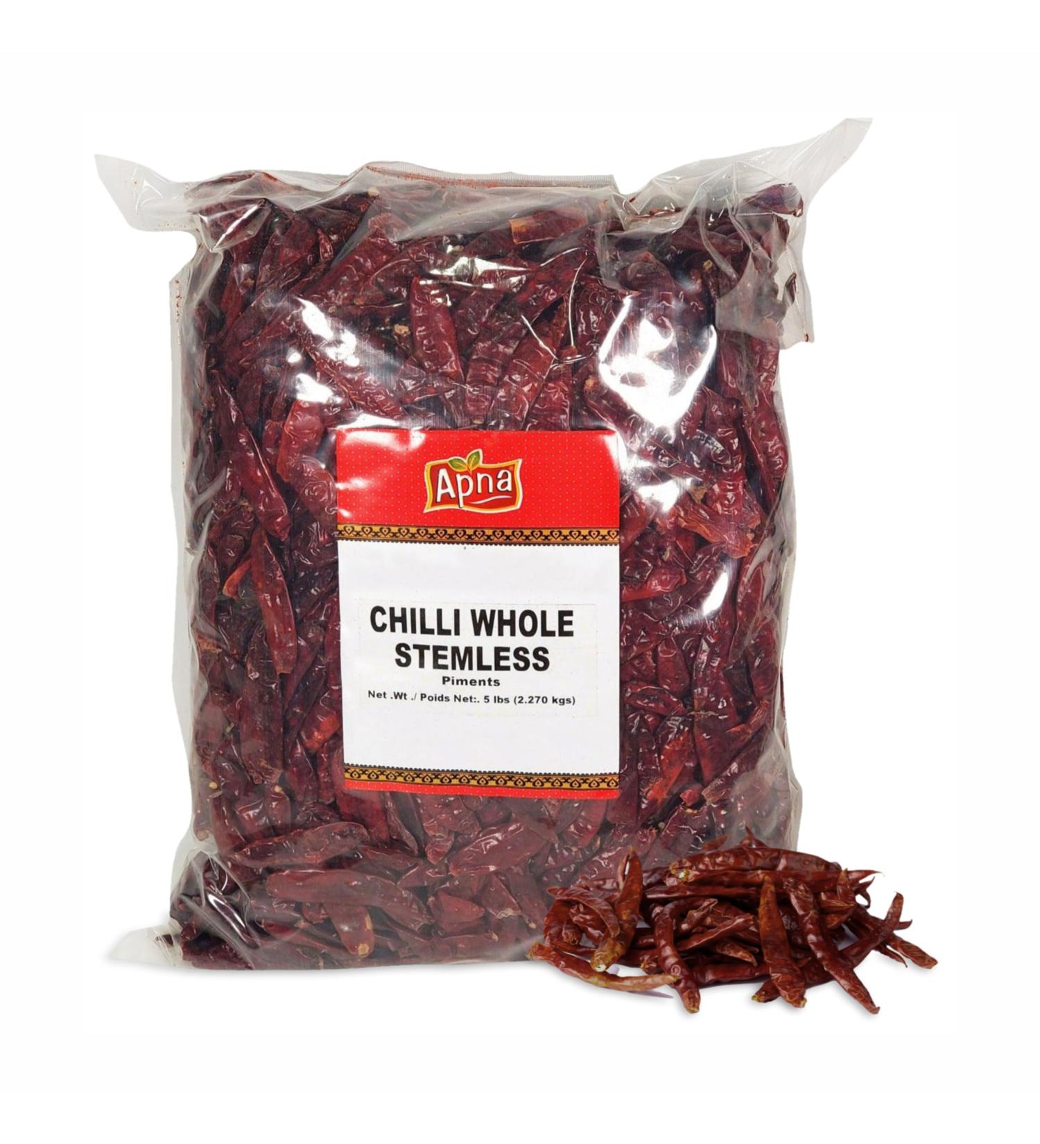 Apna Chilli Whole Stemless 2.25 kg (5 lb) Dried Red Pepper (Lal Mich Sabut) Deggi Mirch Quality Natural Herbs & Spices for Cooking 100% Natural Non-GMO Vegan & Gluten Free